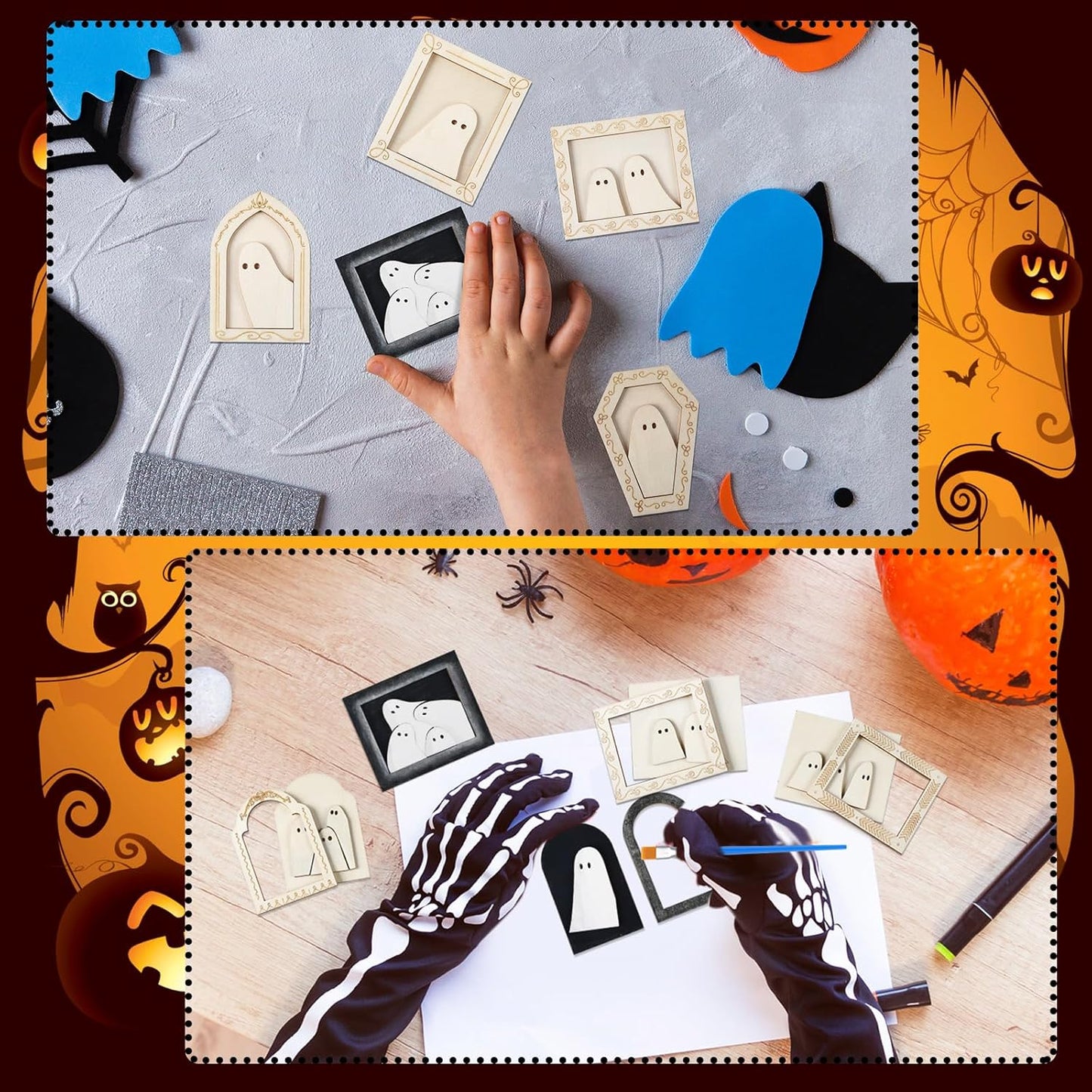Simgoing 12 Set Wood Ghost DIY Frames Decorating Craft with Paint and Brush Unfinished Wooden Gift Ornaments Cute Ghost for Halloween Craft Art Party Supplies, Not Include Glue (Ordinary Style)