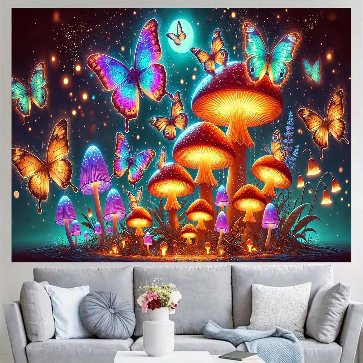 BlissYard Glowing Butterflies Mushroom Forest UV Black Light Tapestry 78x59 Inches Art Color Neon Light Background Bedroom Living Room Wall Party Decoration Fantasy Fungi Insect Magic Garden Scene