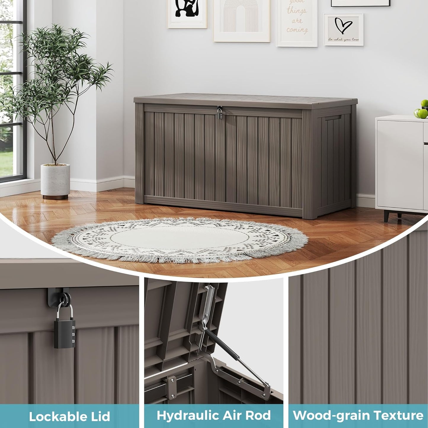 KAMABOKO Outdoor Storage Box, 150 Gallon Large Outdoor Resin Deck Box, Storage Waterproof Boxes Lockable Lid for Garden Tools, Pool Supplies, Patio Furniture and Cushions, Grey