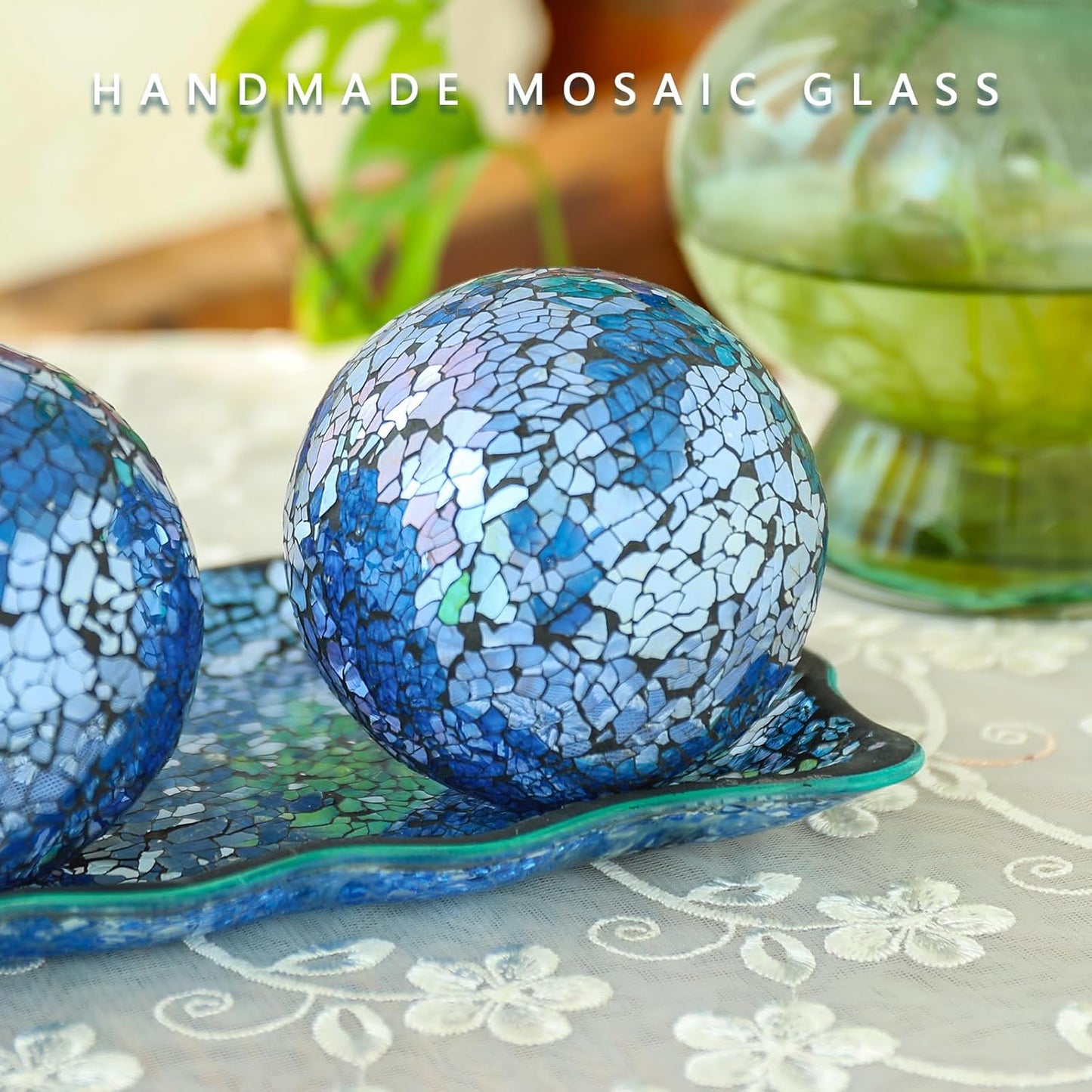 VCUTEKA Decorative Balls and Glass Bowl, 4 Inch Mosaic Sphere Balls Centerpiece Balls for Coffee Table, Home Decor, Wedding Party Decor, Blue