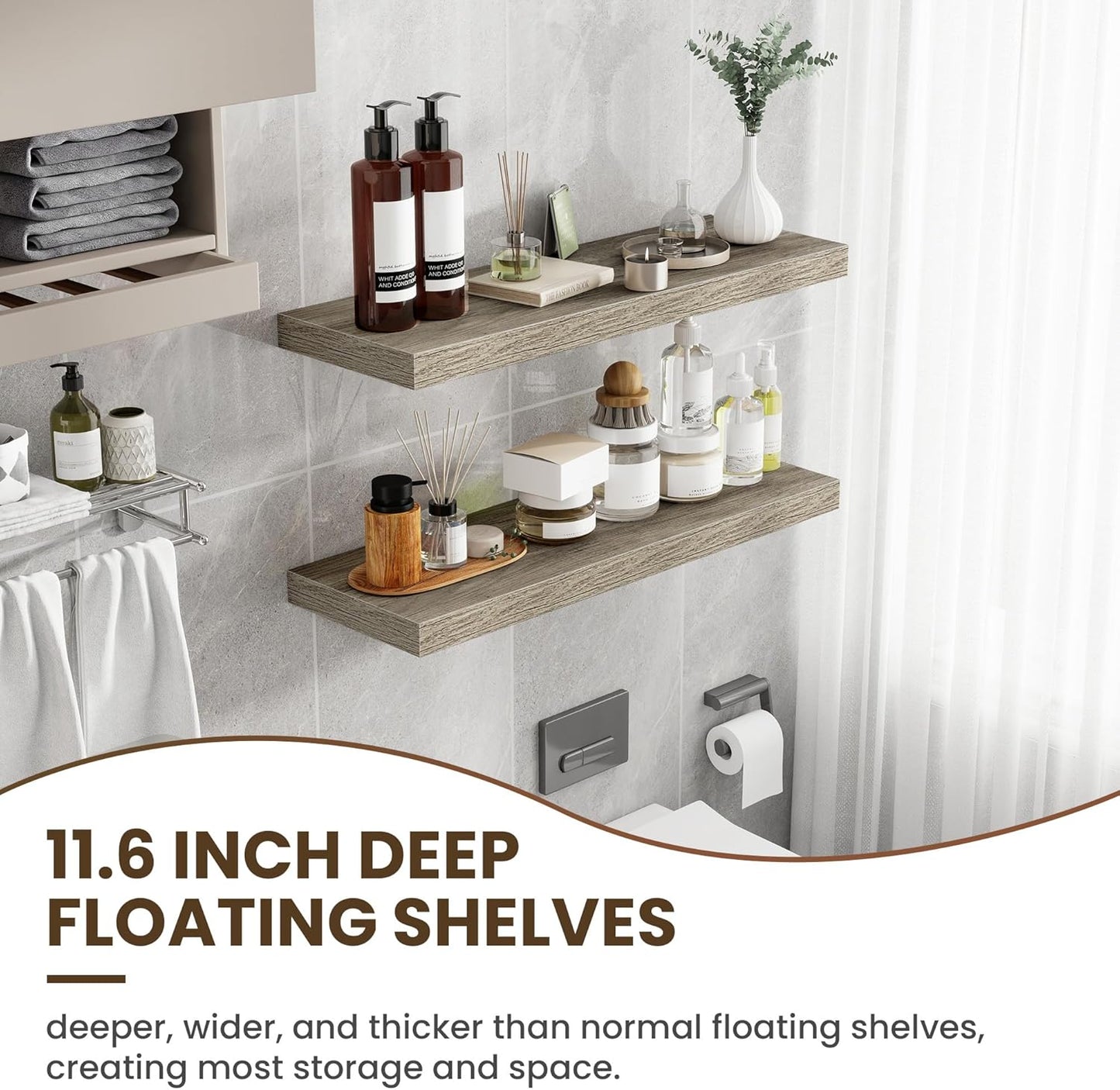 36 Inch Floating Shelves, 12 Inch Deep Floating Shelves for Wall, Floating Shelf with Invisible Brackets, Deep Shelves for Bathroom, Bedroom, Living Room, 2 Pack, Vintage Gray Oak