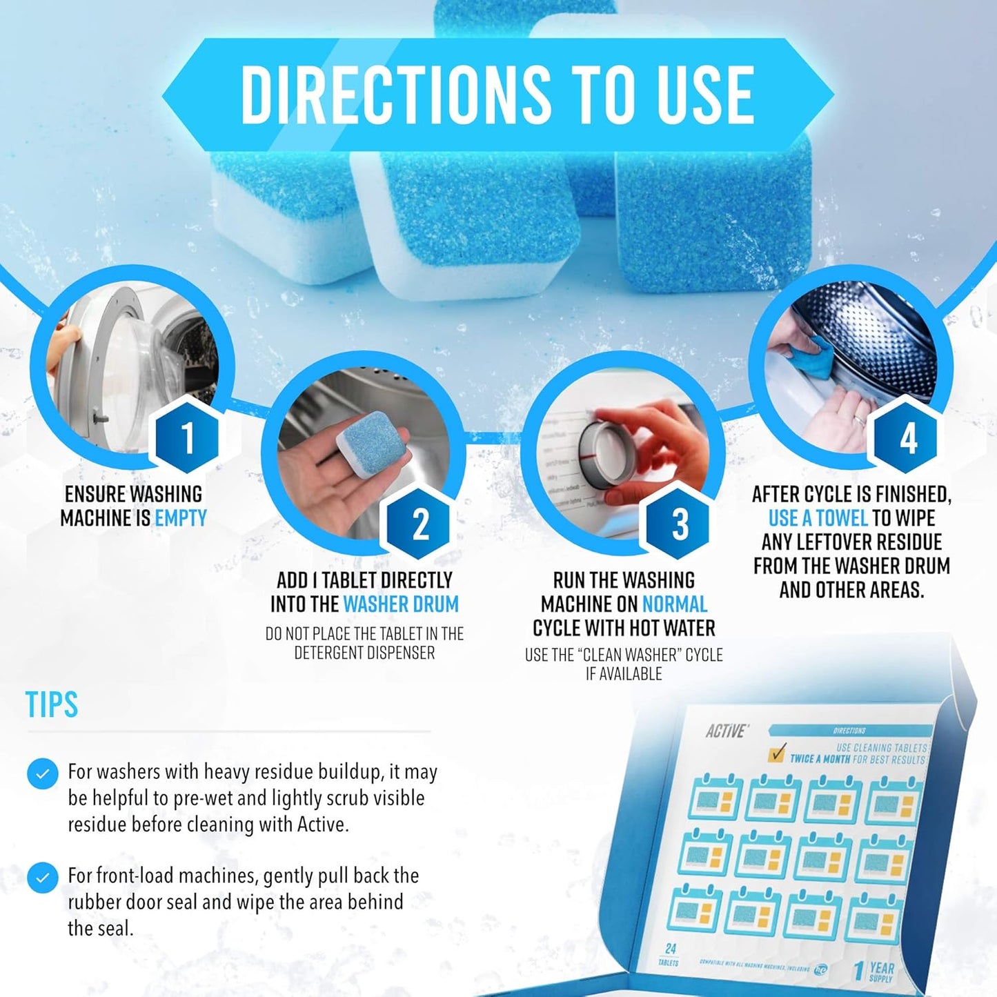 Washing Machine Cleaner Descaler 48 Pack - Value Size Deep Cleaning Tablets HE Front Loader & Top Load Washer, Septic Safe Eco-Friendly Deodorizer, Clean Inside Laundry Drum Tub Seal - 48 Count