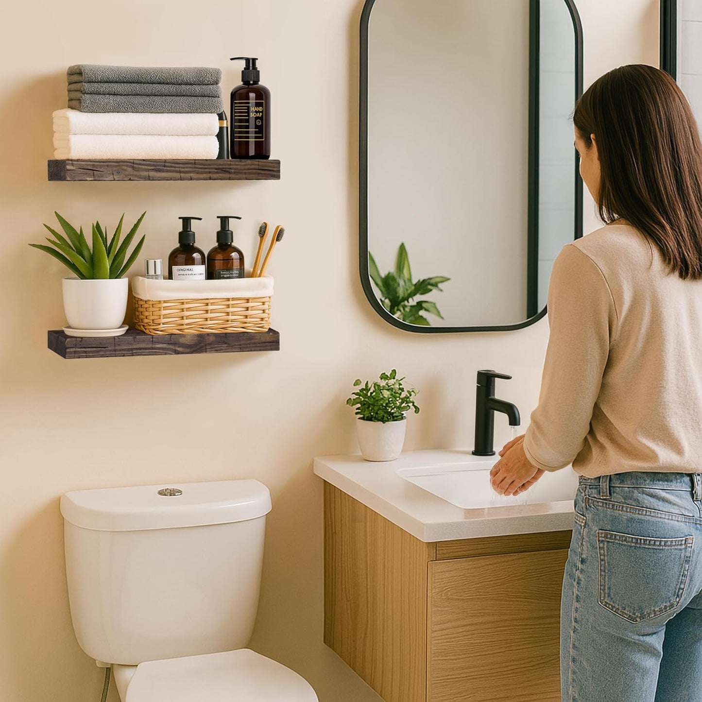 BGMG Wood Floating Shelves for Wall 18 inch, Distressed, Rustic Wooden Wall Mount Shelves for Bathroom Living Room Bedroom Kitchen Farmhouse Set of 2-18x6.7x1.25 inch-Distressed Walnut