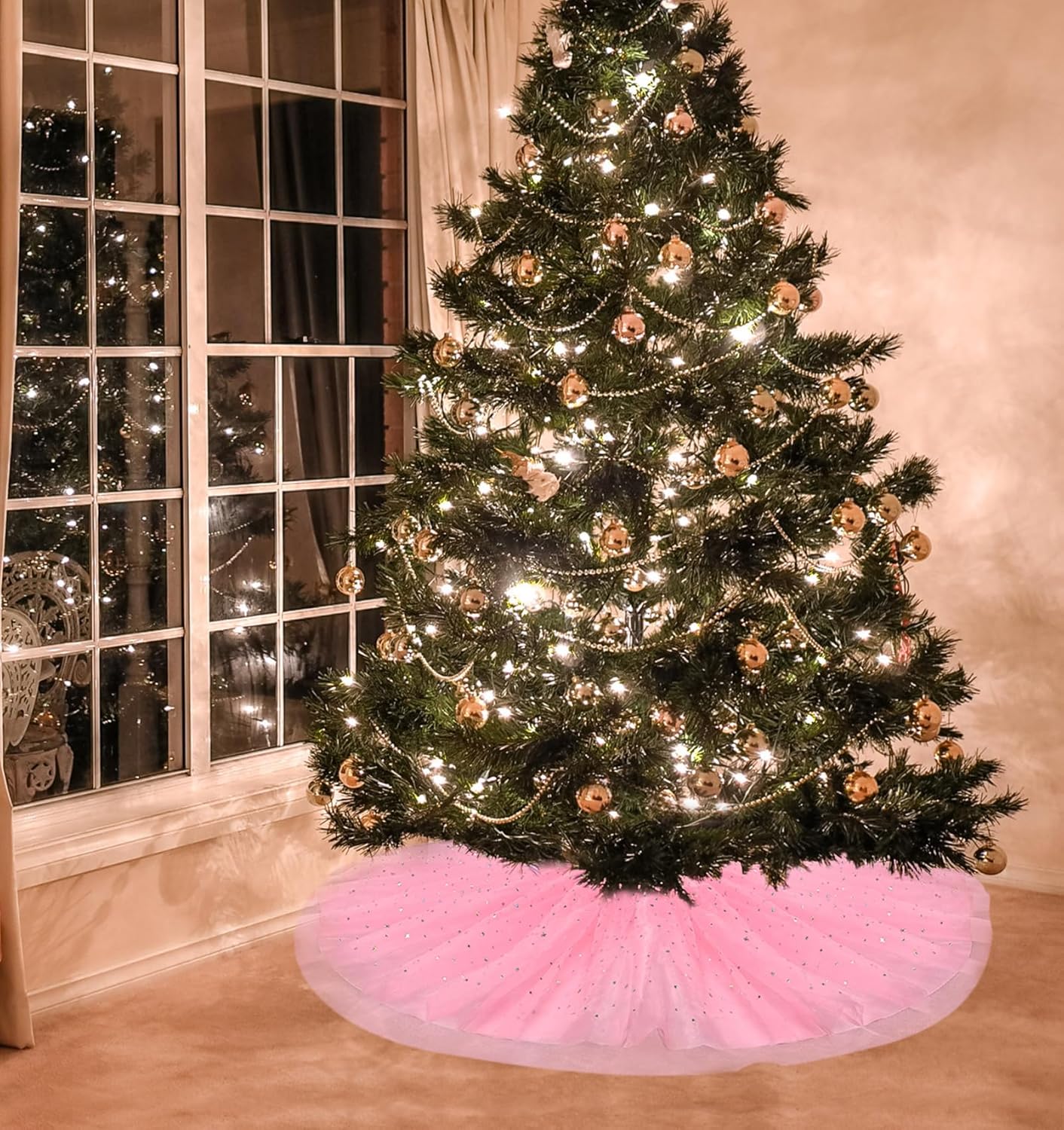 Christmas Wedding Tree Skirt,45 inch 4-Layer Fluffy Romantic Pleated Sparkly Skirt Decoration Xmas Tree Ornament for Holiday and Party(Pink)