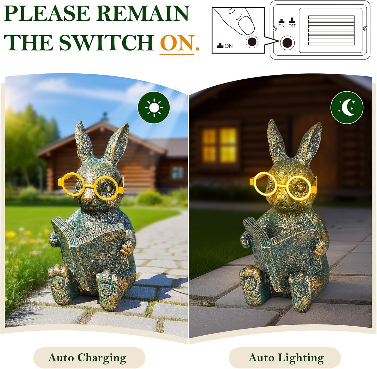 Solar Garden Decor, Adorable Rabbit Statue with Solar-Powered Glasses, Outdoor Decoration Lights for Patio, Yard & Balcony, for Kids, Mom & Grandma