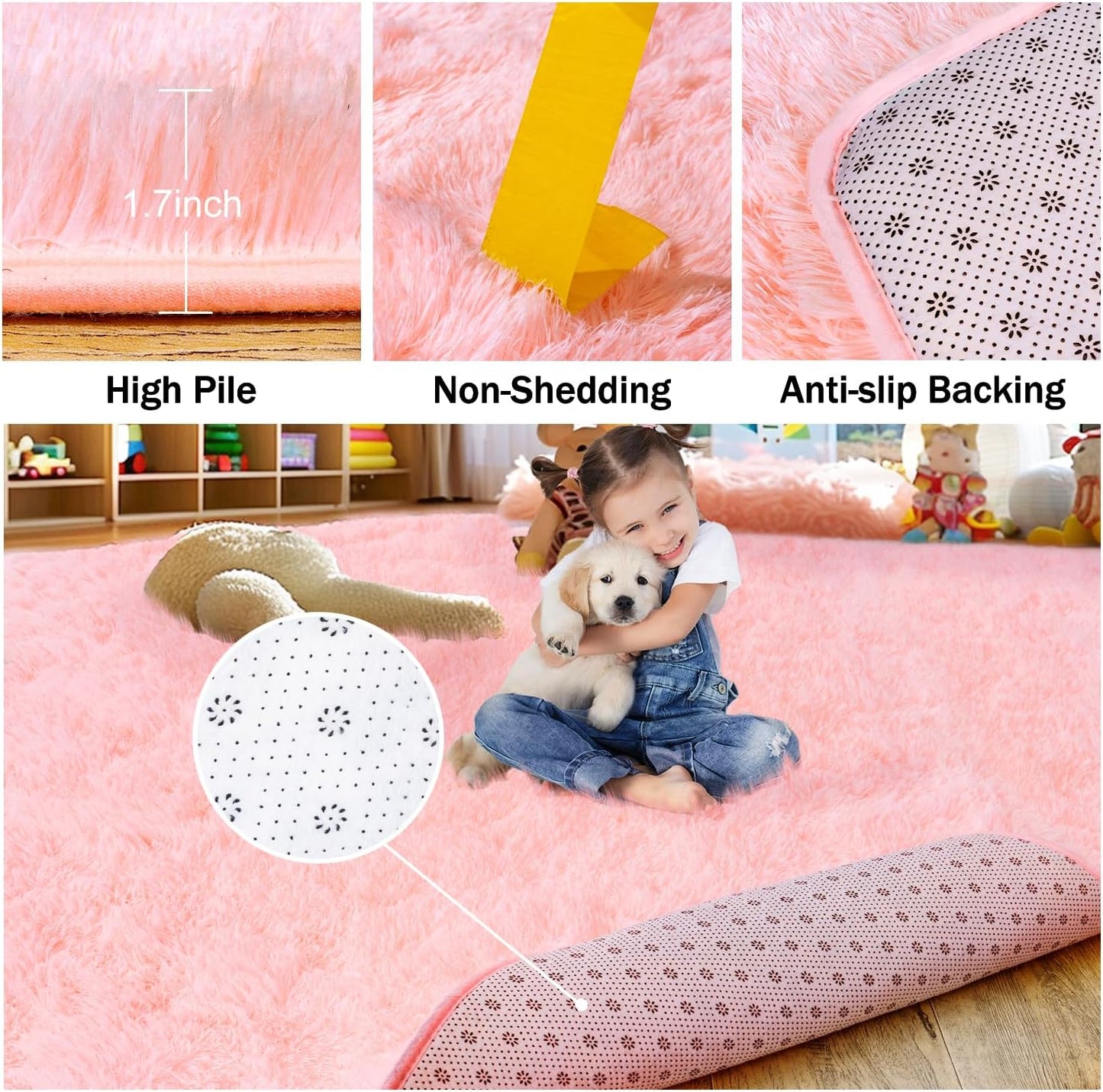 Ultra Soft Pink Rugs for Bedroom 8x10 Feet, Fluffy Shag Area Rugs for Living Room, Large Comfy Furry Rug for Girls Kids Baby Room Decor Teenage Pastel Princess Rug, Non Slip。