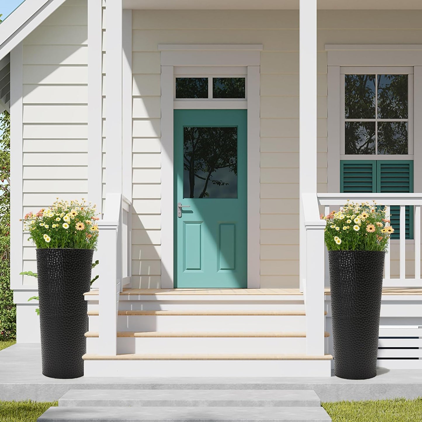 Worth Garden 2-Pack 25" H. Metal Planter with 2X Inside Pots - Hand-Hammered Texture Tall Tapered Plant Pots - Large Handcrafted Flower Pot for Indoor Outdoor, Deck, Patio, Front Porch (Black)