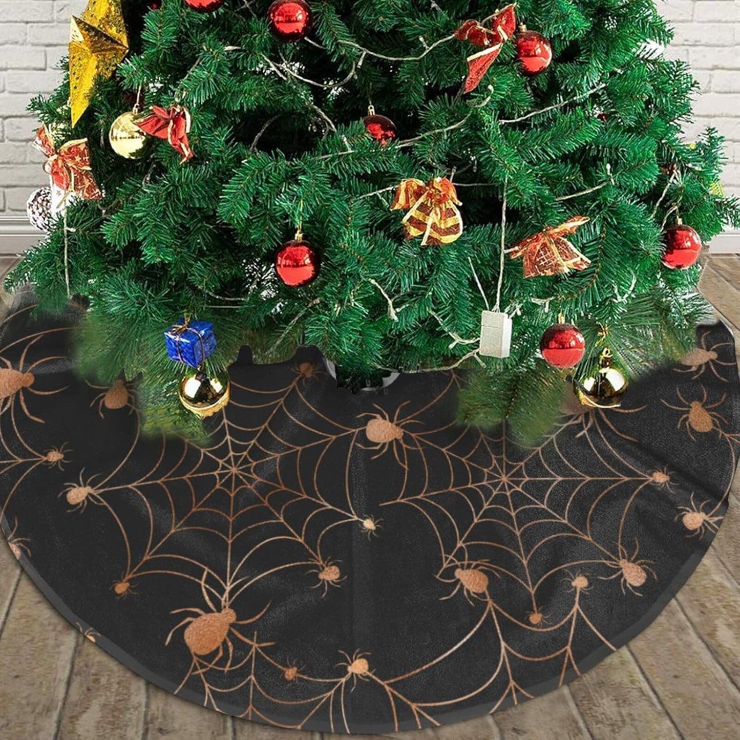 Christmas Tree Skirt,Gold Spider Web Xmas Tree Skirt Rustic Farmhouse Tree Skirt for Christmas Decor Xmas Holiday Home Party Decorations48