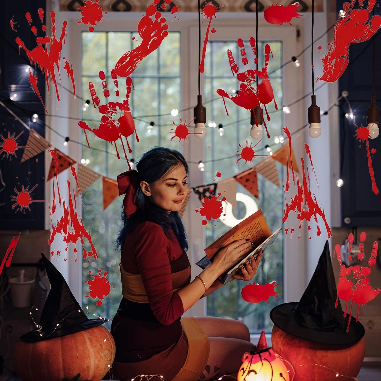 6 Pieces Bloody Handprint Window Clings – Horror PVC Stickers with Blood Splatter, Handprints, and Footprints for Scary Halloween Party Decorations, Haunted House, and Spooky Indoor Outdoor Décor
