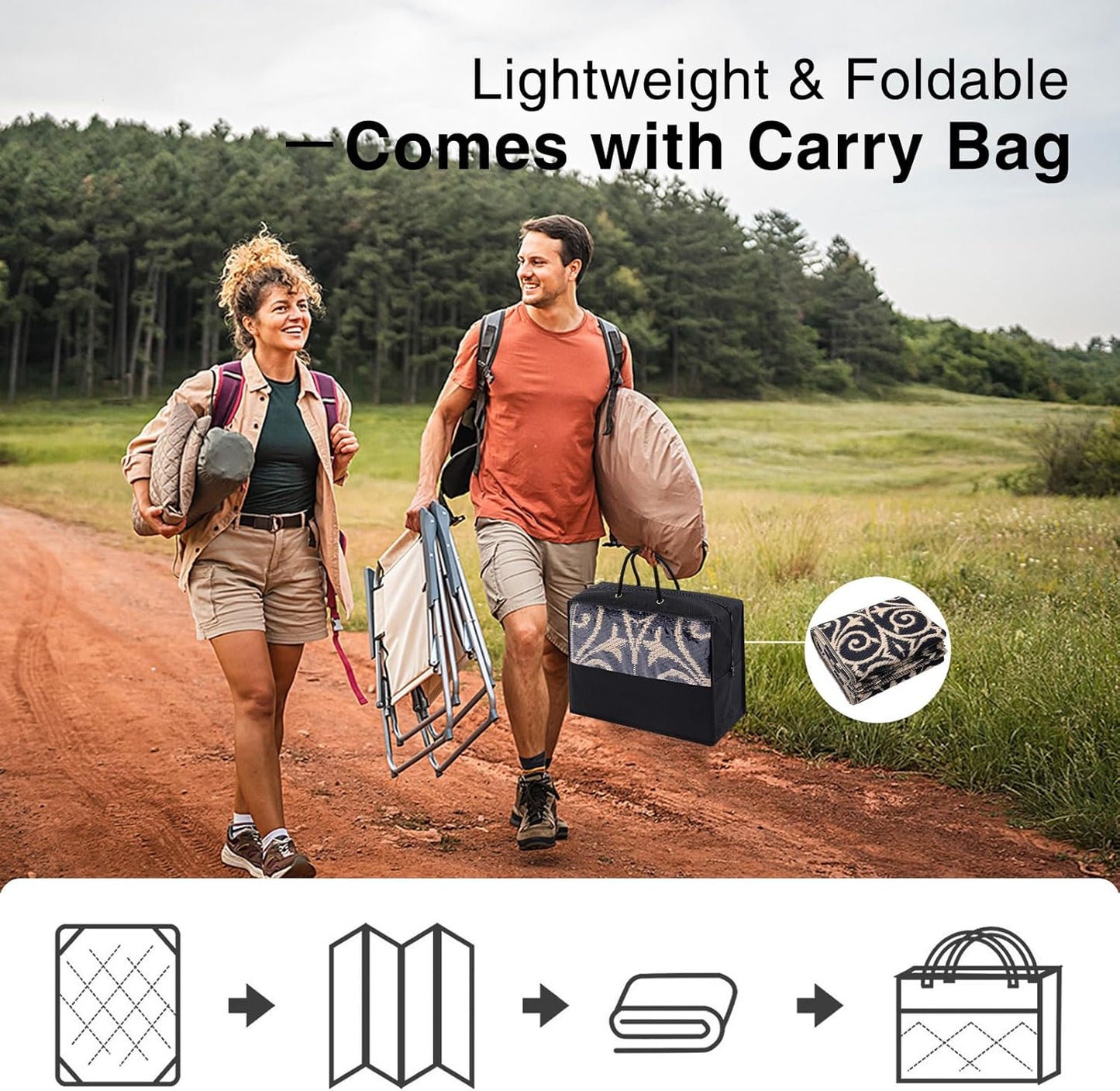 OLANLY Outdoor Rug Waterproof 5x8 ft Clearance, Reversible Outdoor Plastic Straw Rug with Floral Pattern, RV Mat for Patio, Camping, Balcony, Deck, Backyard, Black & Beige