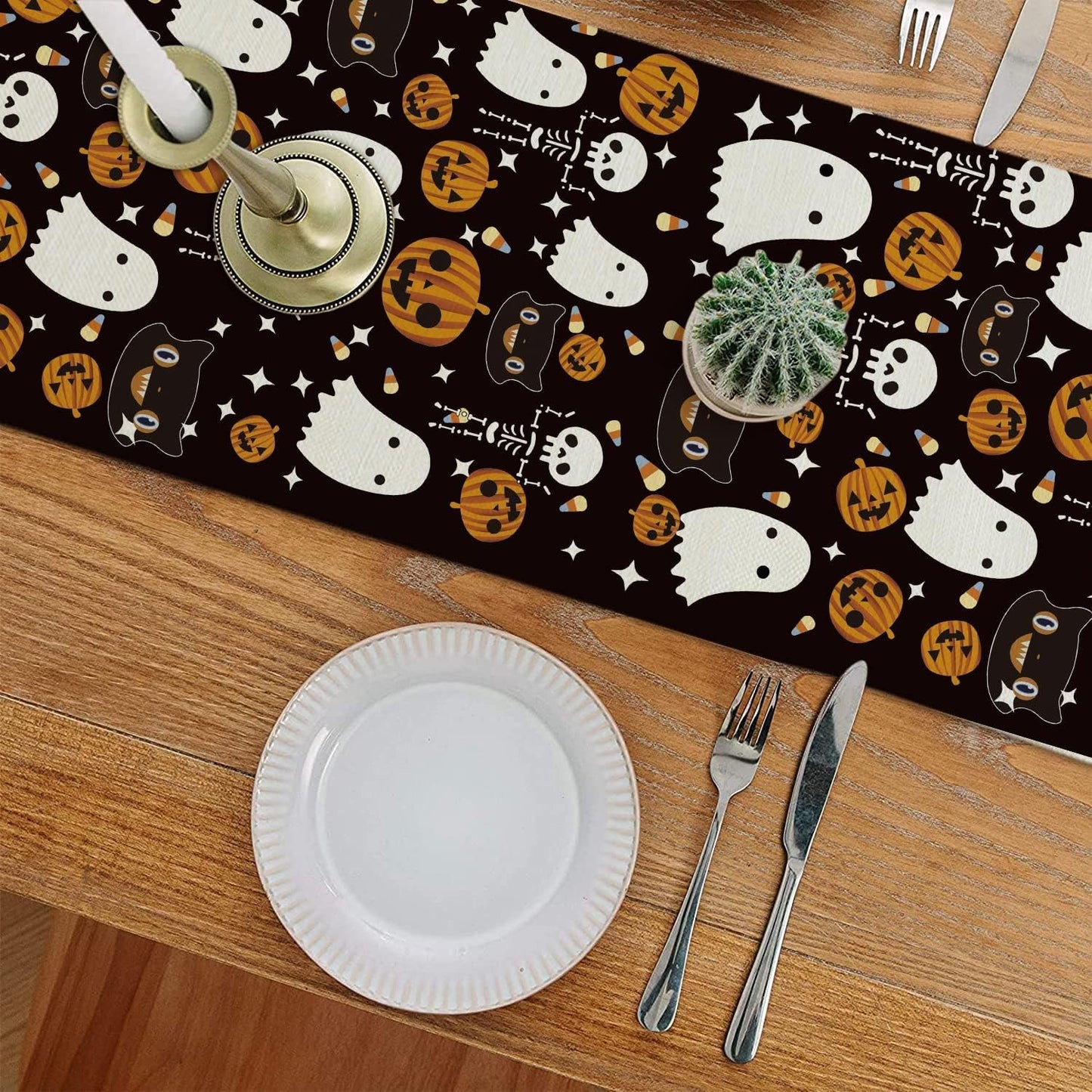 GAGEC Halloween Table Runner Black Cat Pumpkins Seasonal Kitchen Dining Table Home Outdoor Party Decorations (13'' x 60'')