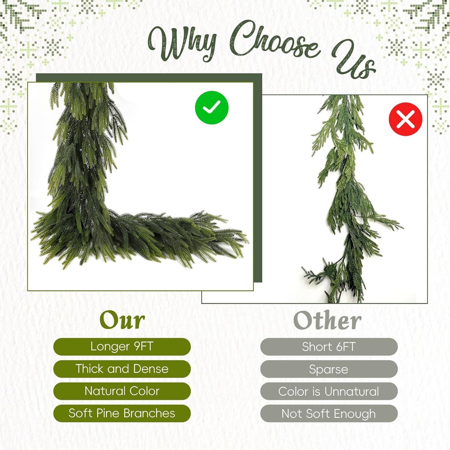 N&T NIETING 2 PCS Christmas Garland Norfolk Pine Garland Real Touch Faux Christmas Greenery Xmas Garland for Mantle, Table Holiday Winter Indoor Outdoor Christmas Decorations (9 FT)