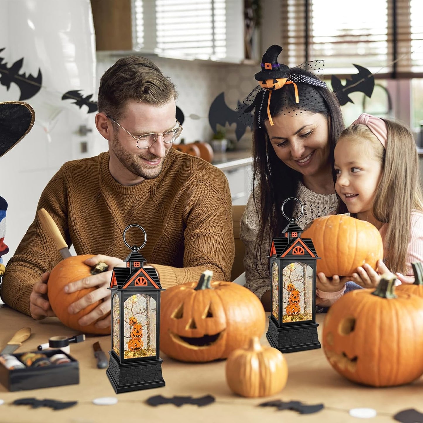 Halloween Snow Globe Lantern, Spooky Ghost Halloween Decor, Plug-in & Battery Operated Snow Globes for Halloween Decorations Indoor