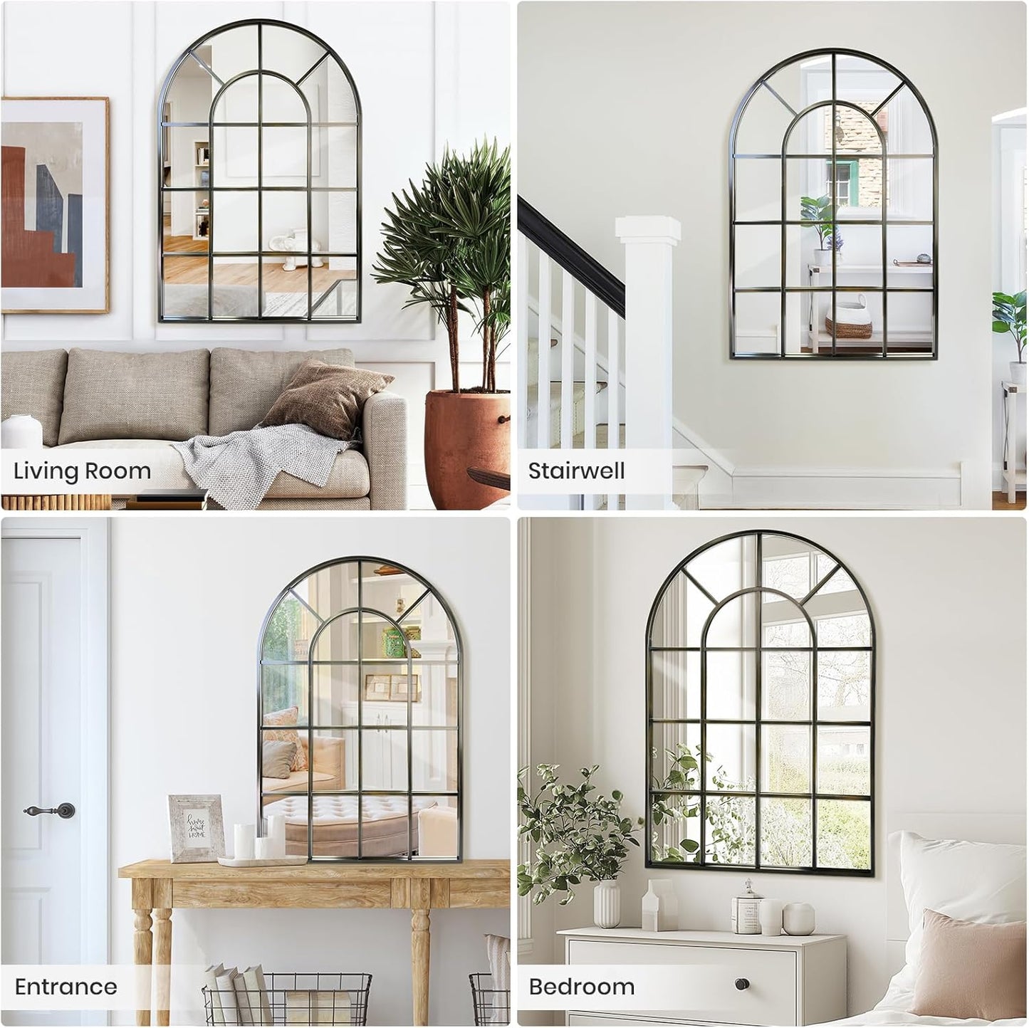 Arched Windowpane Wall Mirror 24"x36" Bronze Wall Mounted Art Pane Mirror Farmhouse Decorative Mirror Leaning Hanging Wall Mirror for Bedroom Living Room Entrance Hallway Wall Decor