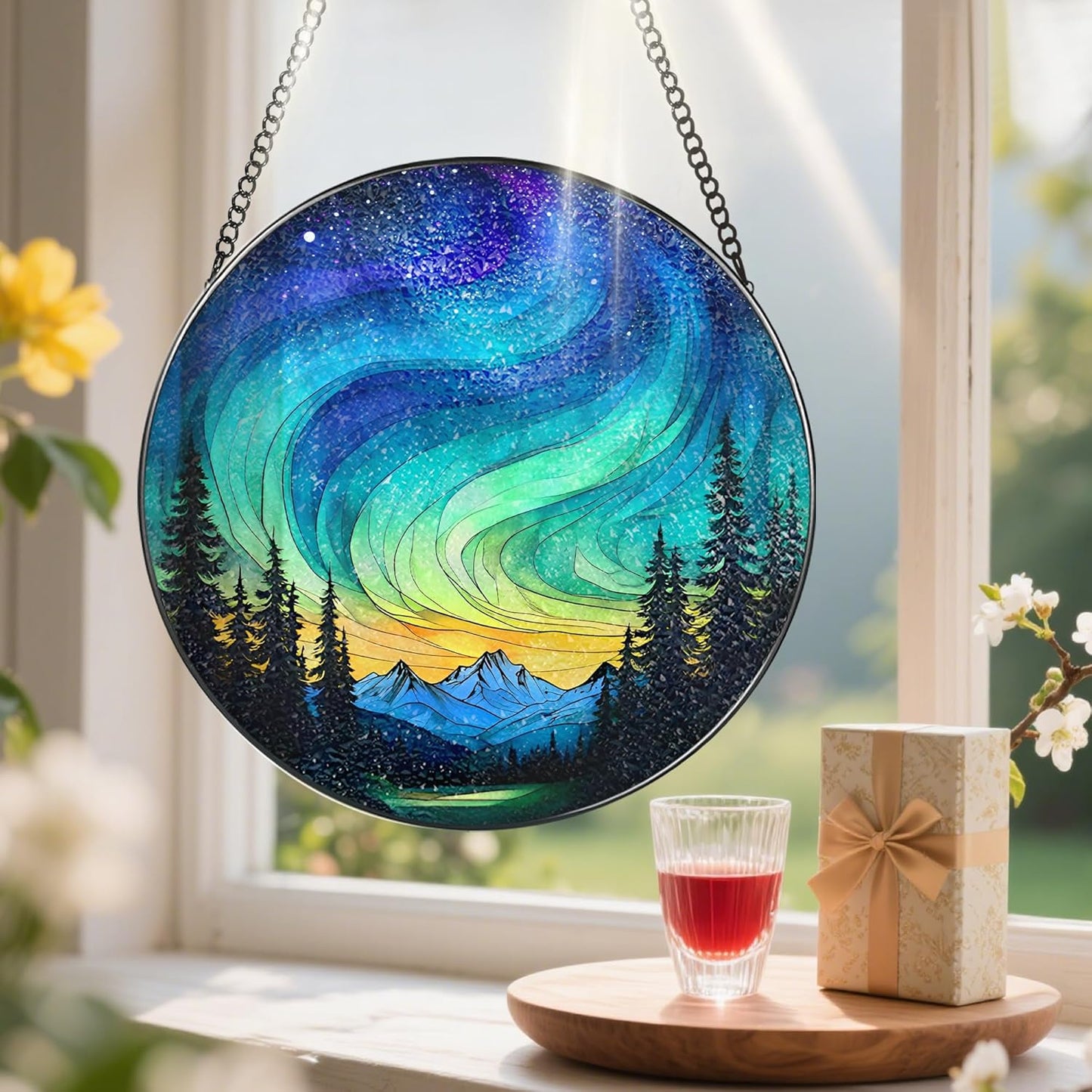 Stained Glass Window Hanging - 8 Inch Northern Lights Suncatcher for Window Doors Home Decoration, Valentine's Day Mother's Day Christmas Birthday Gifts for Women, Men, and Mom Grandma