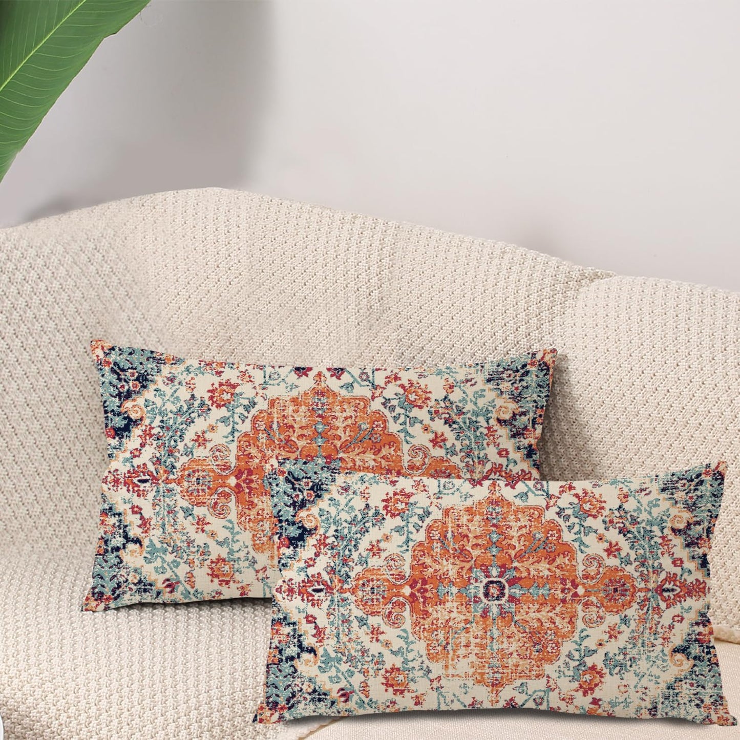 Outdoor Waterproof Pillow Covers - 12X20 Inch Set of 2, Bohemian Vintage Carpet Pattern, Orange Blue Ethnic Design, Decorative Farmhouse for Couch, Garden, Balcony