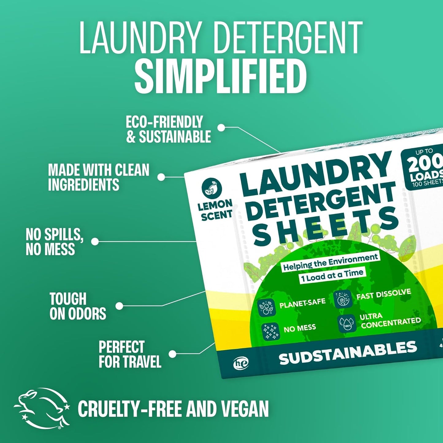 Sudstainables Laundry Detergent Sheets (200 Loads) – Eco-Friendly, Zero Waste, Plastic-Free Laundry Washing Machines Soap Sheets; Dissolvable, Space-Saving Strips for Travel (Lemon)