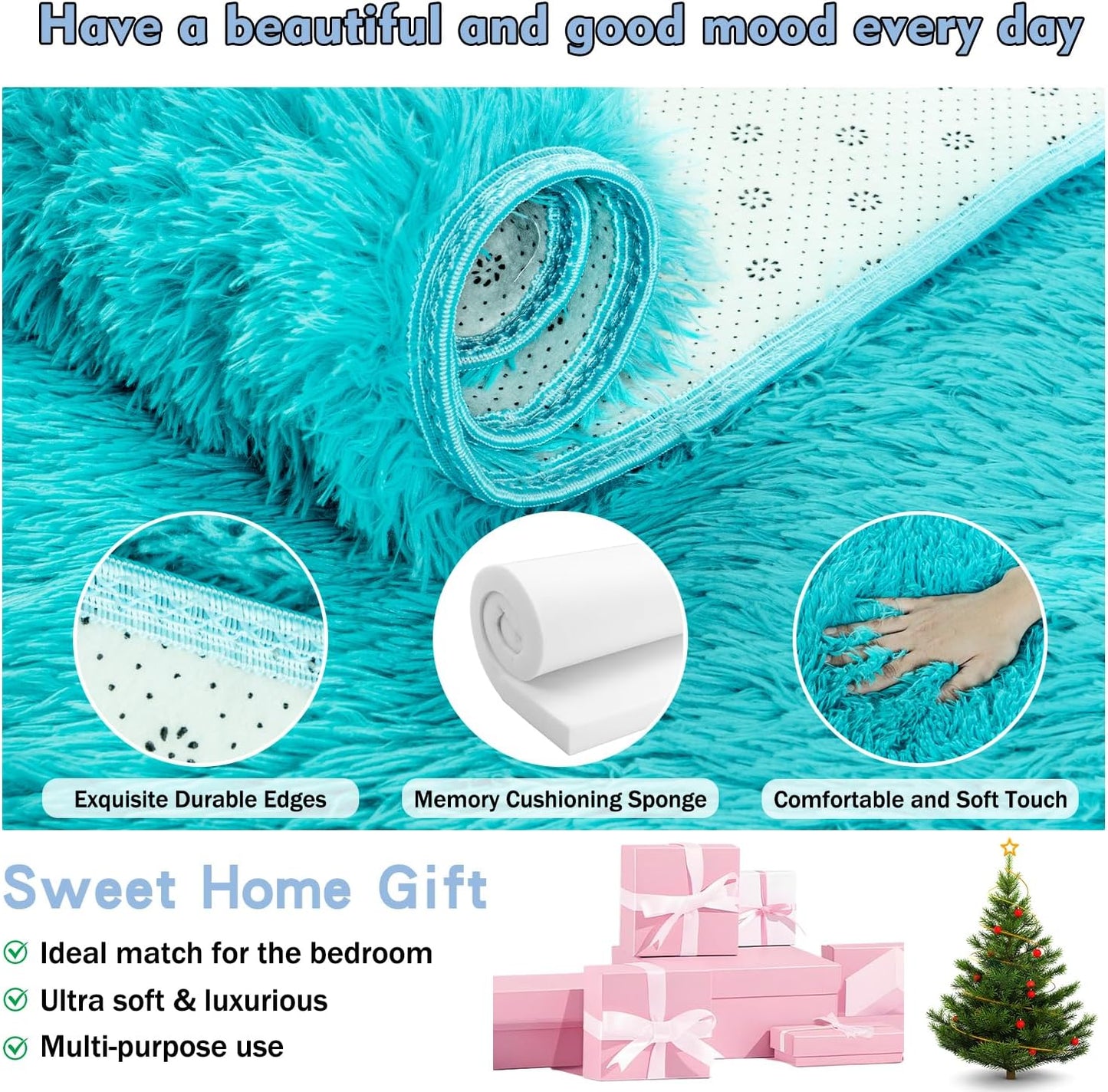 Rezutan Super Soft Fluffy Rug for Living Room Bedroom Large Comfy Modern Shaggy Fuzzy Plush Indoor Nursery Classroom Home Decor Bedside Rug with Non-Slip Bottom,Teal Blue,6 X 9 Feet