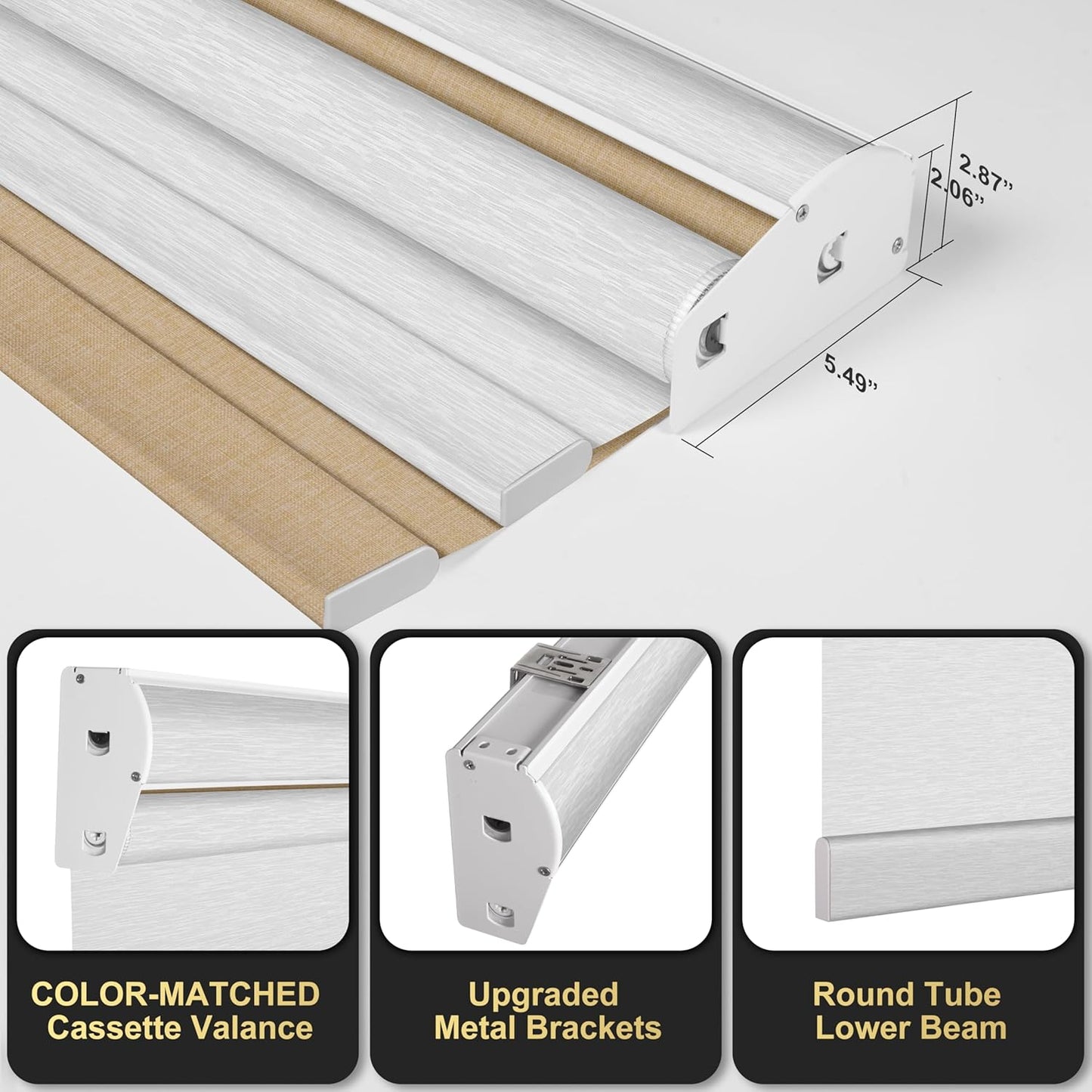 BERISSA Cordless Dual Roller Shades with Cassette Valance, Double Window Shades - Blackout and Light Filtering - Day and Night - Linen Beige and White - 39 W x 44" H