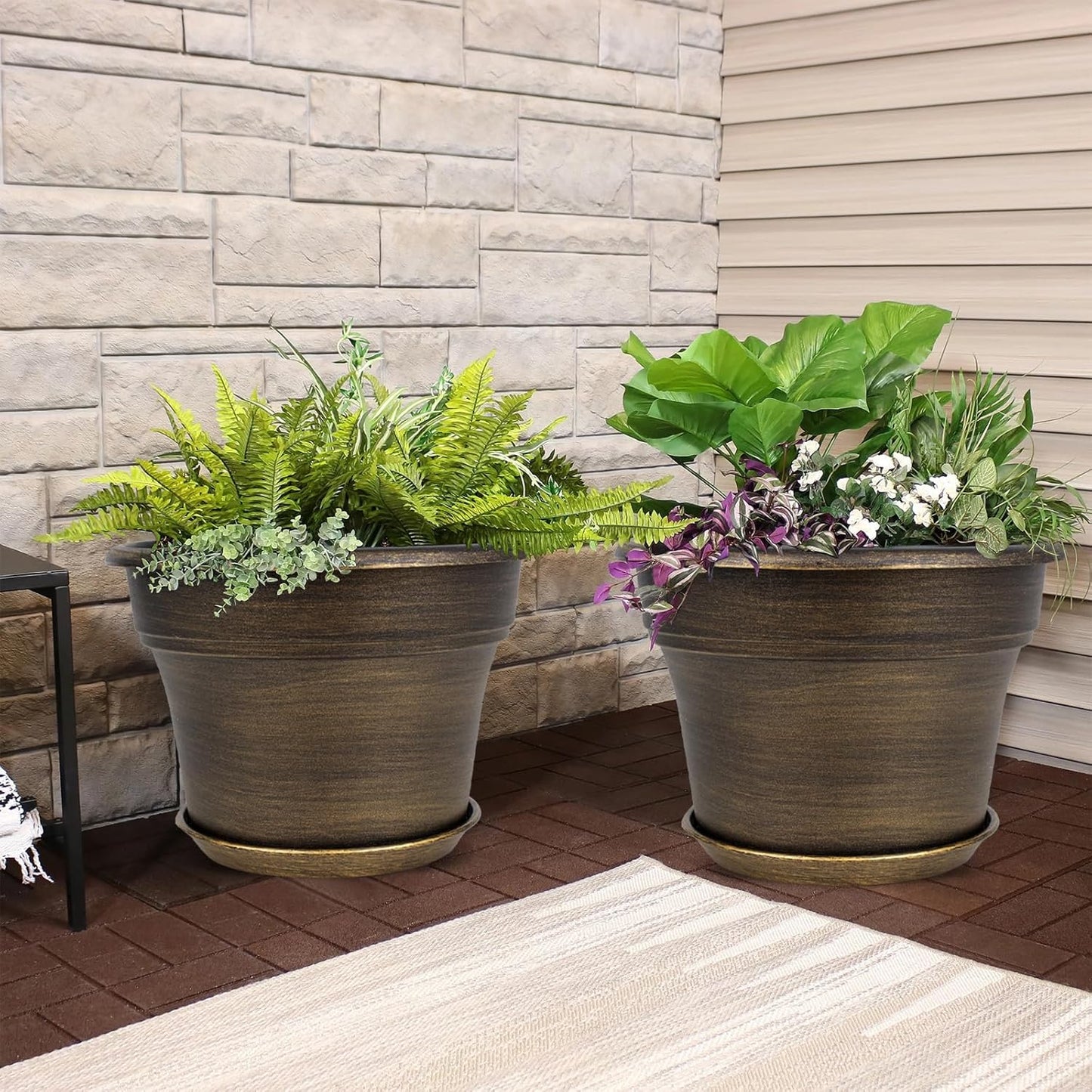 Plant Planters Pots Set of 6 Pack 6 Inch, Plastic Flower Pot for Indoor Plants with Drainage Holes & Trays, Resin Decorative Container Sets with Saucer for House Outdoor Garden Planters Dark Gold