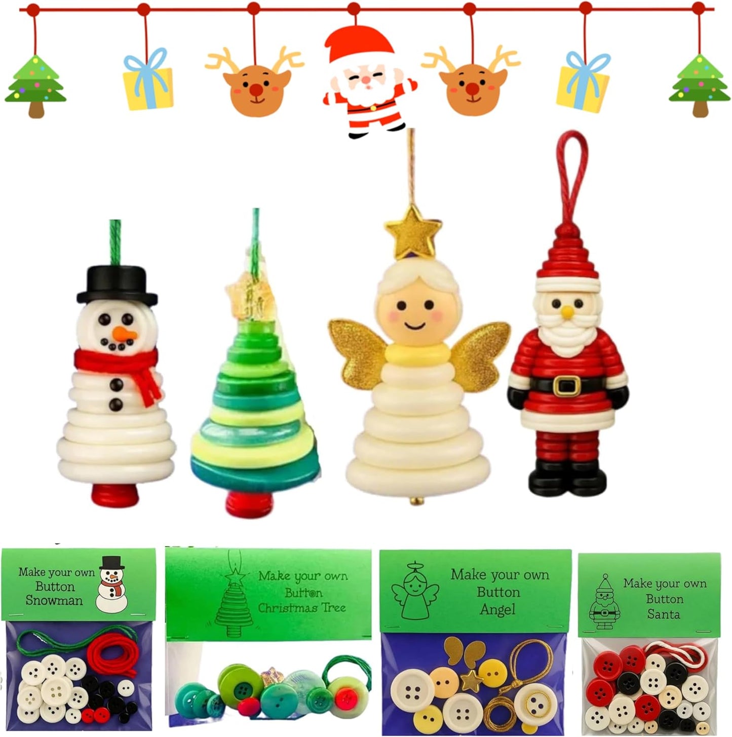 DIY Christmas Button Ornament Making Set–Fun Holiday Handmade Decorations for All Ages,DIY Craft Buttons Kit with Christmas Snowman/Santa/Angel,Xmas Tree Hanging Decorations (Mix-4pcs)