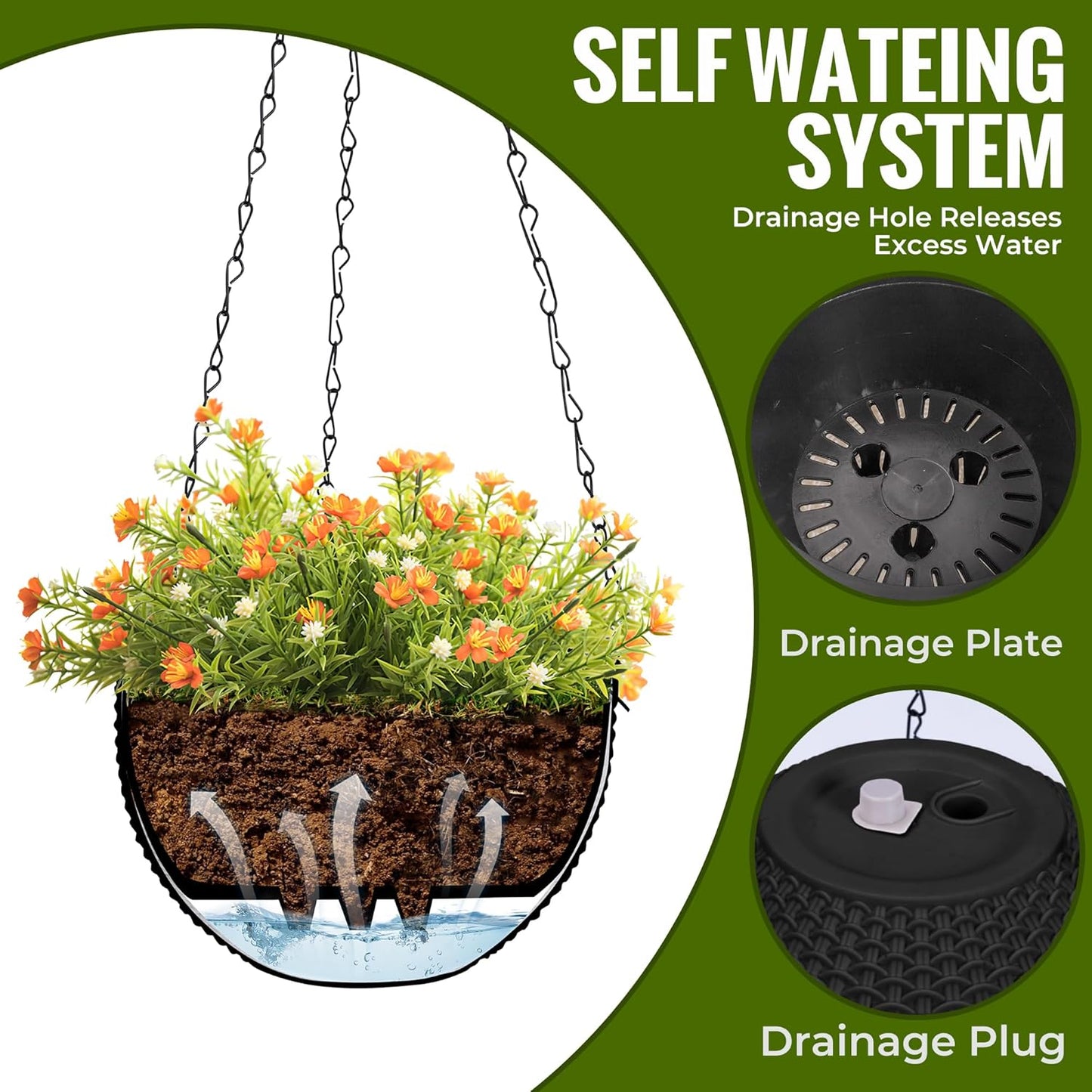 Hanging Baskets for Plants Outdoor - 2 Pack Black Plastic Solar Flower Pots with Drainage Holes & Removable Saucer, Self-Watering Hanging Planters for Garden, Porch, Balcony, Patio