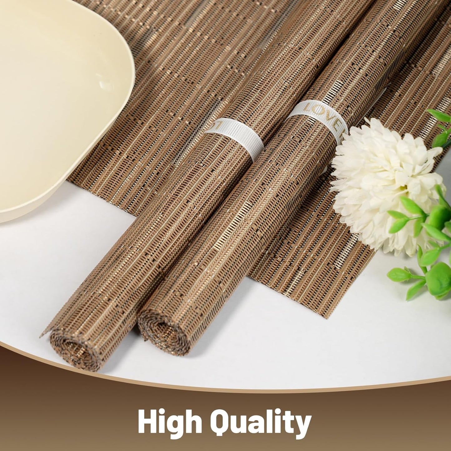 Placemats Set of 8,Non-Slip PVC Weave Table Mats Easy to Clean,Heat Resistant Place Mats for Kitchen Dining Table Decoration Indoor Outdoor,Light Brown