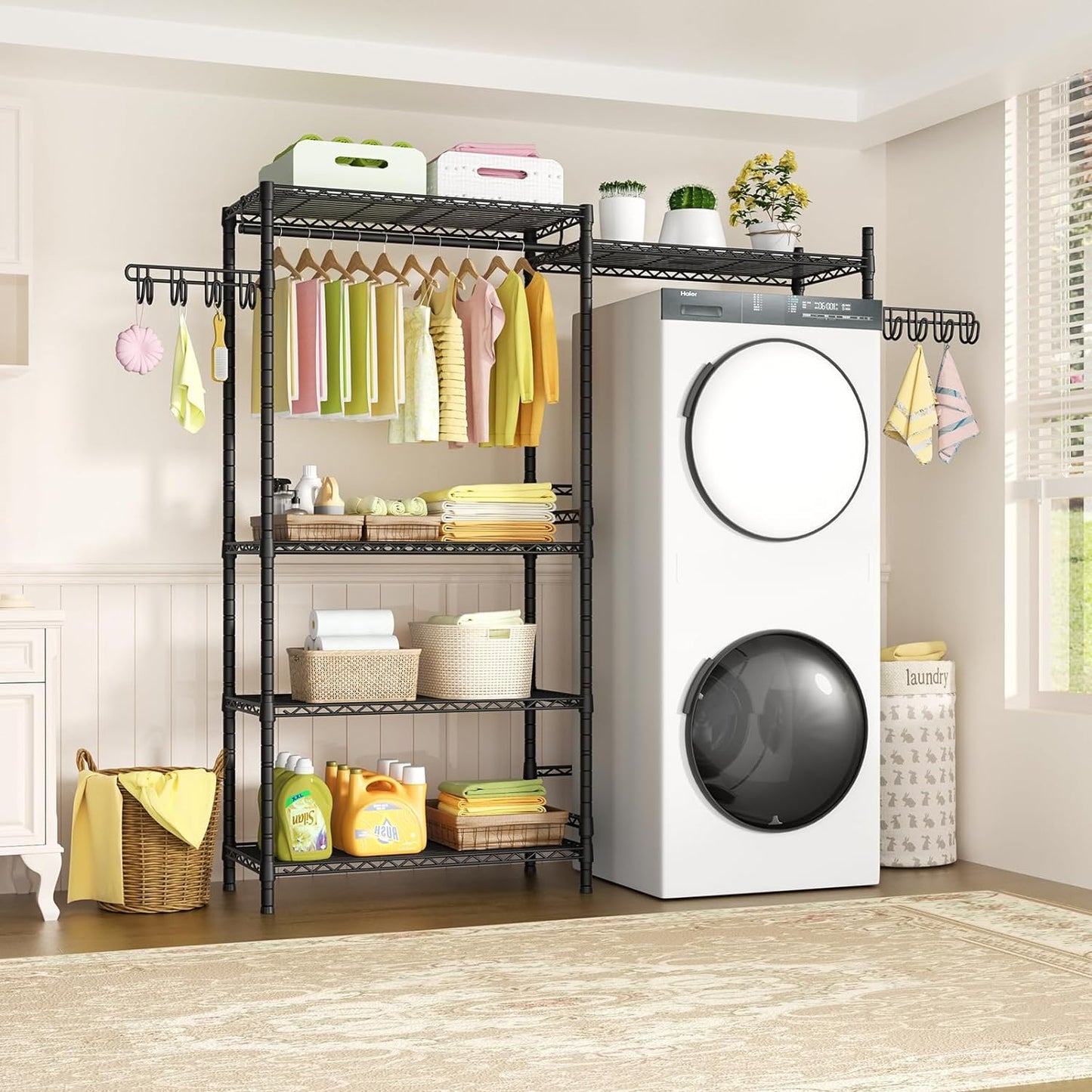 Ulif 65.3" W x 13.4" D x 77.5" H Clothes Drying Rack, 5 Tiers Over Washer and Dryer Laundry Room Storage and Organizer, Heavy-Duty Space Saver, Black