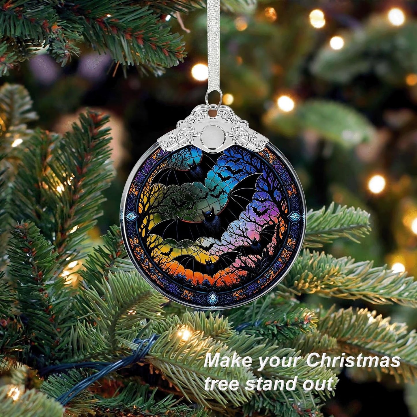 Bat Under Moonlight Halloween Christmas Tree Ornament Glass- Hanging Ornaments for Christmas Tree Decorations - Holiday Keepsake Present Exchange Idea