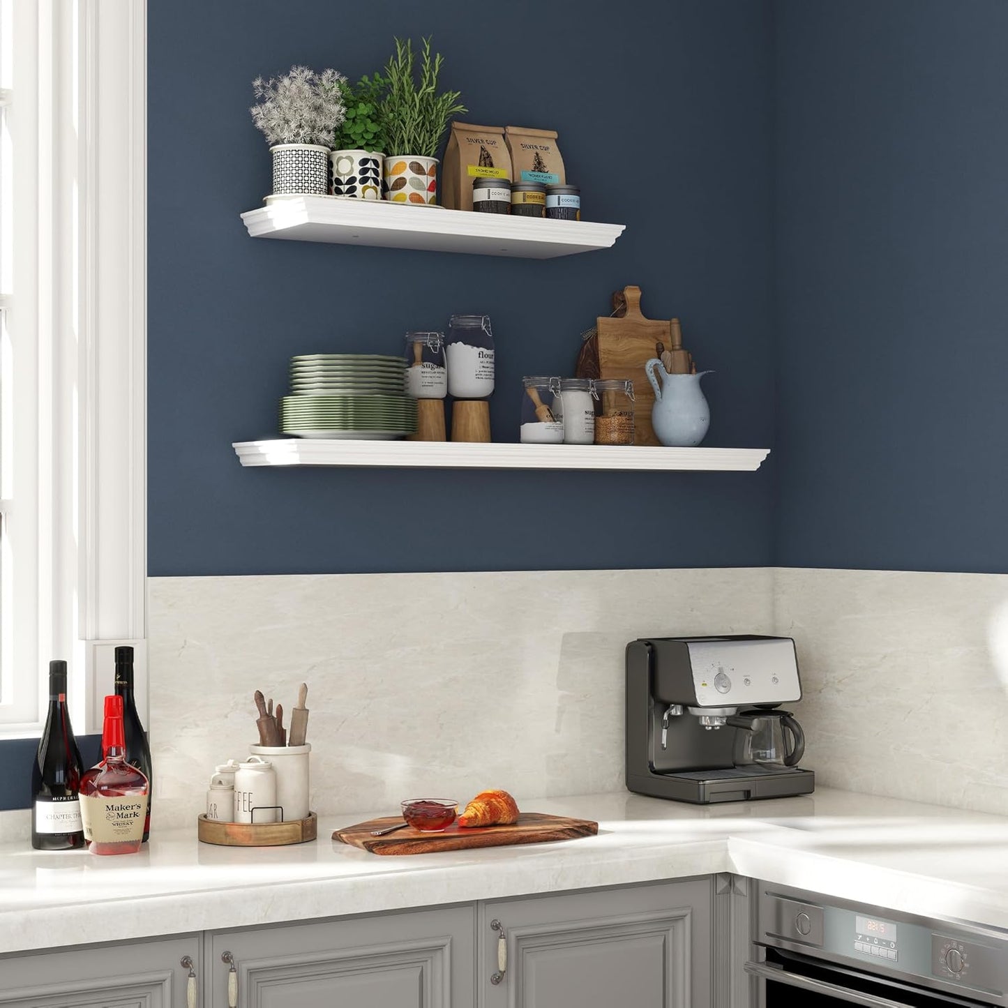 Floating Shelves for Wall, 36 Inch Long Wall Mounted White Hanging Shelf for Kitchen, Living Room, Office, Bedroom, Bathroom, Retro Vintage Wood Bookshelf for House Decor