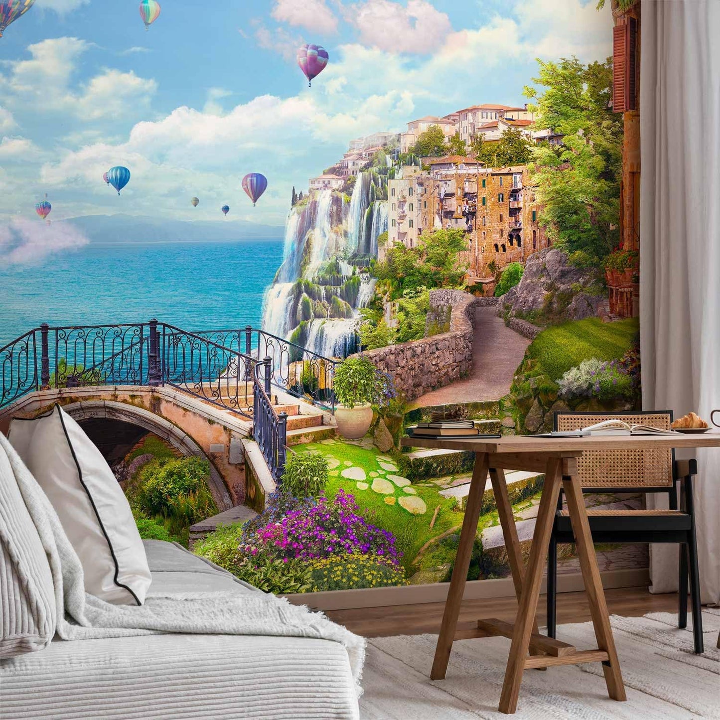 artgeist Premium Wall Mural Landscape 216x98 in - Non-Woven Photo Wallpaper Art Print Fleece Wall Mural Decoration Poster Baloons Waterfall Architecture Landscape Clouds c-B-10182-a-a