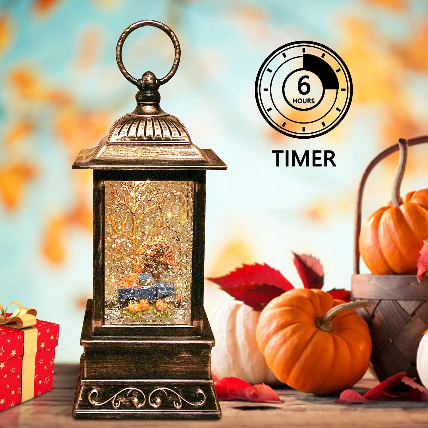 Fall Snow Globe Lantern, Thanksgiving Lighted Lantern, Swirling Glitter Snow Globe for Fall Harvest Day Decorations, Home Fall Decor, Halloween (Truck&Pumpkins)