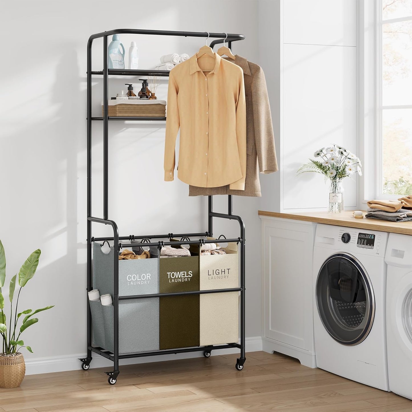 Laundry Sorter 3 Section,Laundry Hamper Cart with Hanging Rack & Removable Bags,Heavy Duty Laundry Basket Organizer with Wheels & 2 Tier Shelf,3 Colors