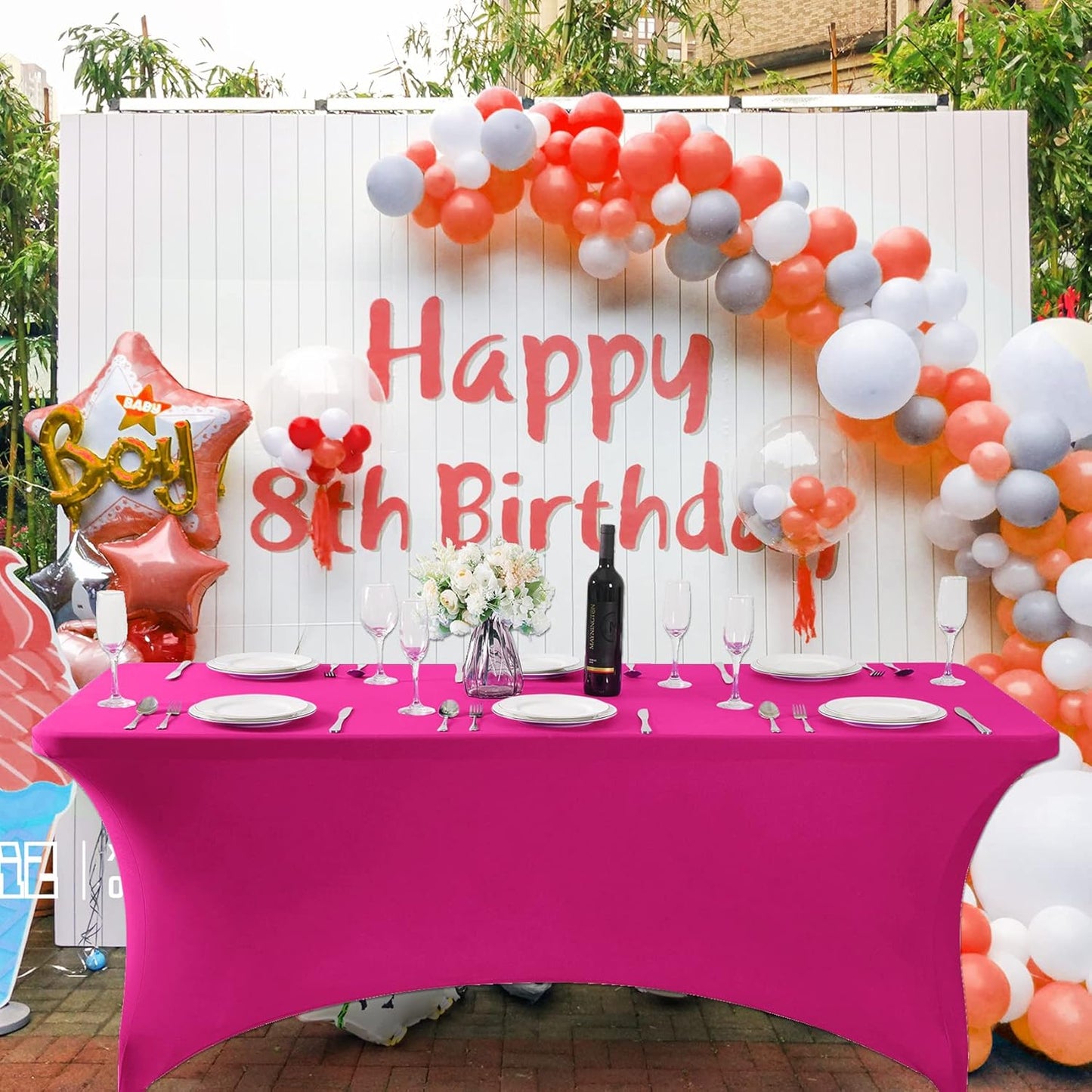 SuperO Waterproof Spandex Table Cover for 6FT Table Universal Fitted Stretch Tablecloth for Party, Banquet, Wedding and Events-Fuchsia