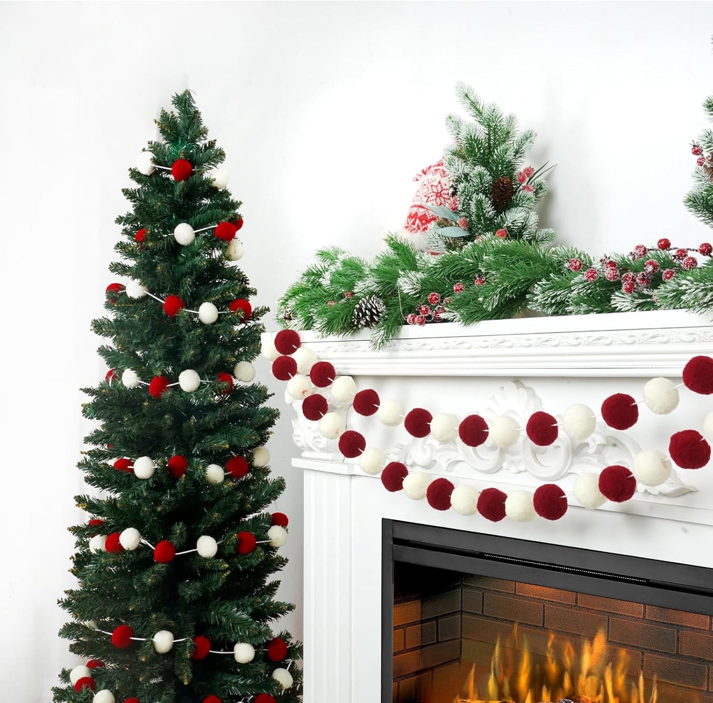 TBD Decor 2pk Red Pom Pom Garland 13FT Large Felt Ball Garland Christmas Decoration for Mantle,Indoor Holiday Wedding Birthday Party Supplies (Red&White,4cm)