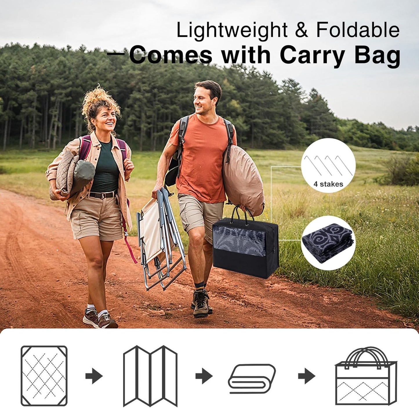 OLANLY Outdoor Rug Waterproof 6x9 ft Clearance, Reversible Outdoor Plastic Straw Rug with Floral Pattern, RV Mat for Patio, Camping, Balcony, Deck, Backyard, Black & Grey