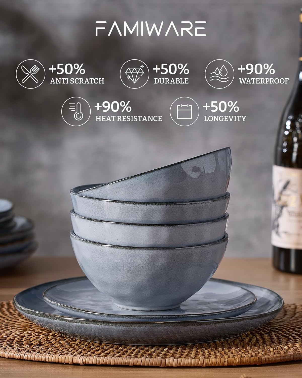 Famiware Dinnerware Sets for 8, Ocean Round 24-Piece Kitchen Plates and Bowls Sets, Reactive Glaze, Microwave and Dishwasher Safe, Scratch Resistant, Blue