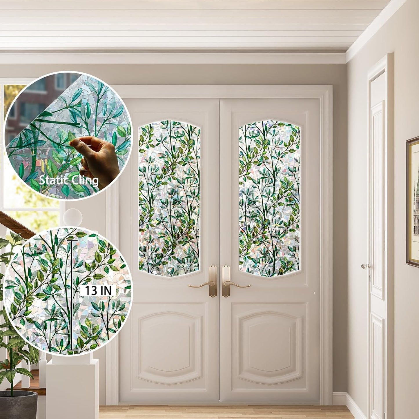 Rainbow Window Privacy Film 3D Leaf Decorative Stained Glass Window Film Anti UV Non-Adhesive Reusable 23.6" x 157.4" for Home Room Car Glass Cling