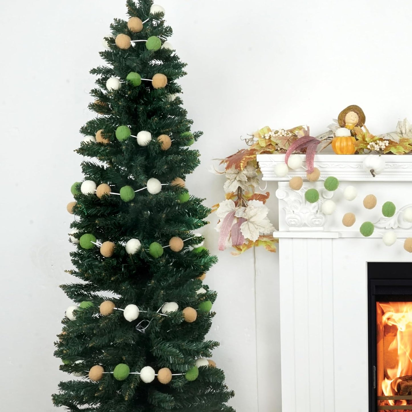 XmasExp Pom Pom Garland Decorations - Large Boho Felt Ball Garland for Mantle, Indoor Home Decor, Tree Ornaments, Kids Room and Party Hanging Decor,13 Ft. (Green, 1.57")