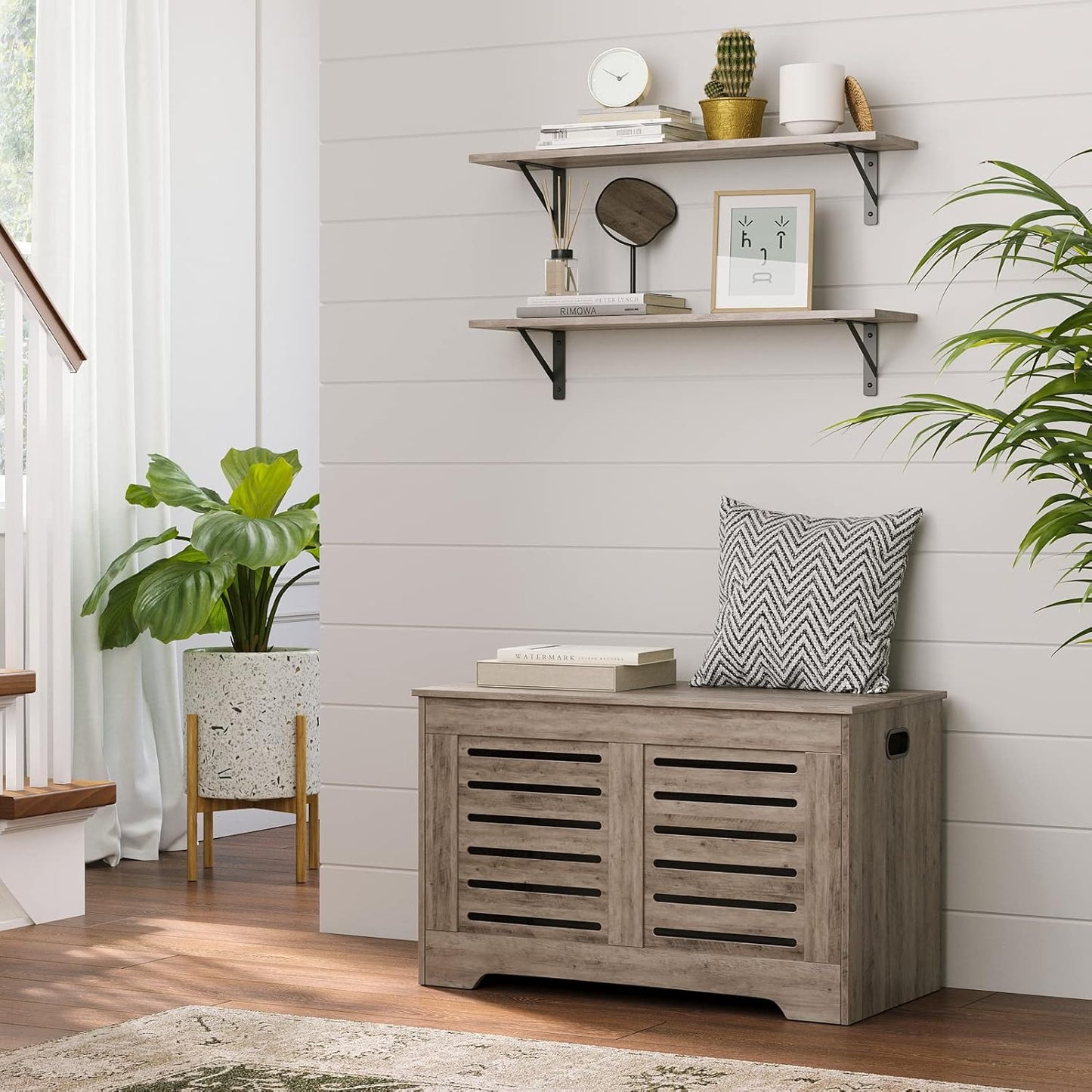 DINZI LVJ Wall Shelves, 23.6 x 7.9 x 6.1 Inch Floating Shelves for Wall, Set of 2, Easy-to-Install Wall Storage Ledges with Sturdy Metal Brackets for Living Room, Bathroom, Kitchen, Greige