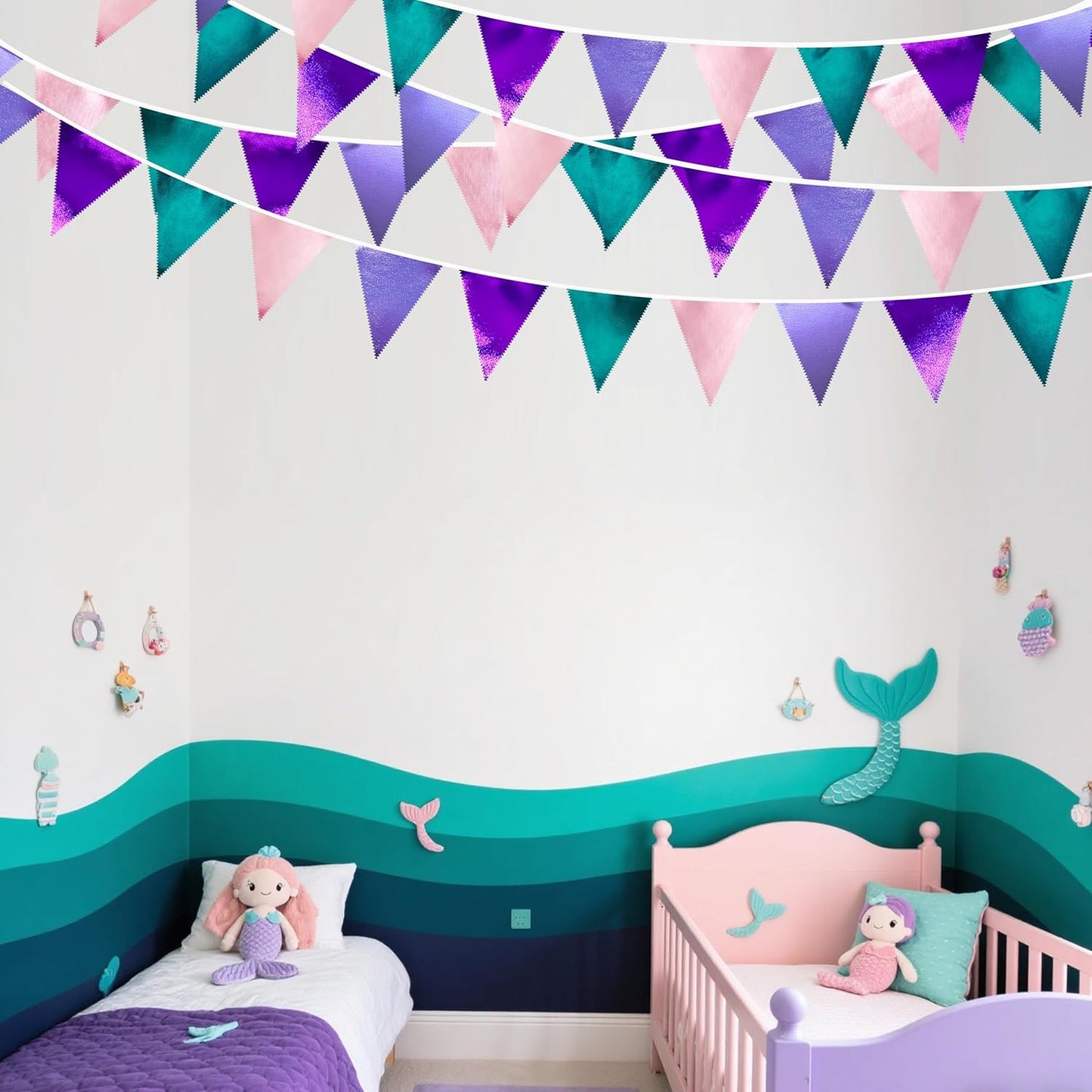 Mermaid Party Decorations Purple Pink and Teal Aqua Metallic Fabric Triangle Pennant Banner Flag Bunting Garland for Mermaid Under the Sea Birthday Wedding Baby Shower Engagement Party Supplies