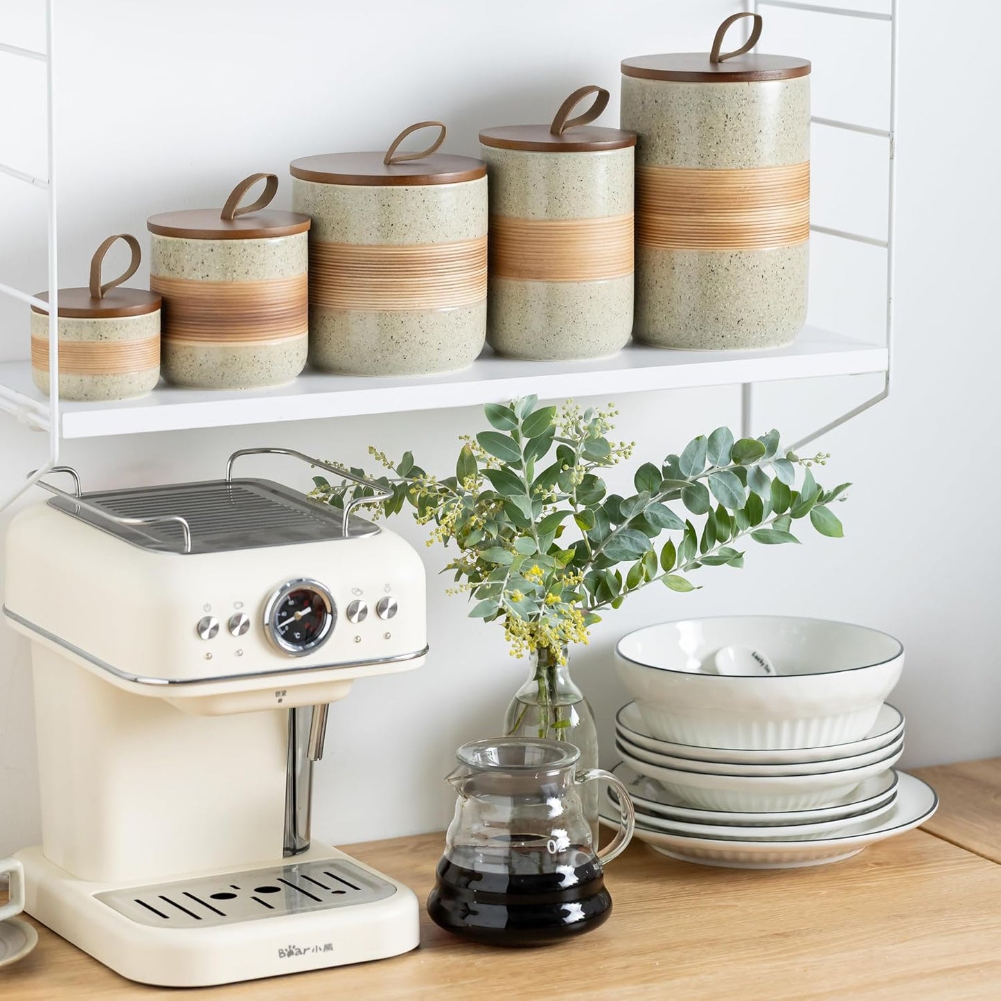 Ceramic Jar with Lid Airtight, Coffee Container Kitchen Food Storage Jars for Spice Sugar Tea Bag, Stackable Decorative Jars for Countertop, 18oz