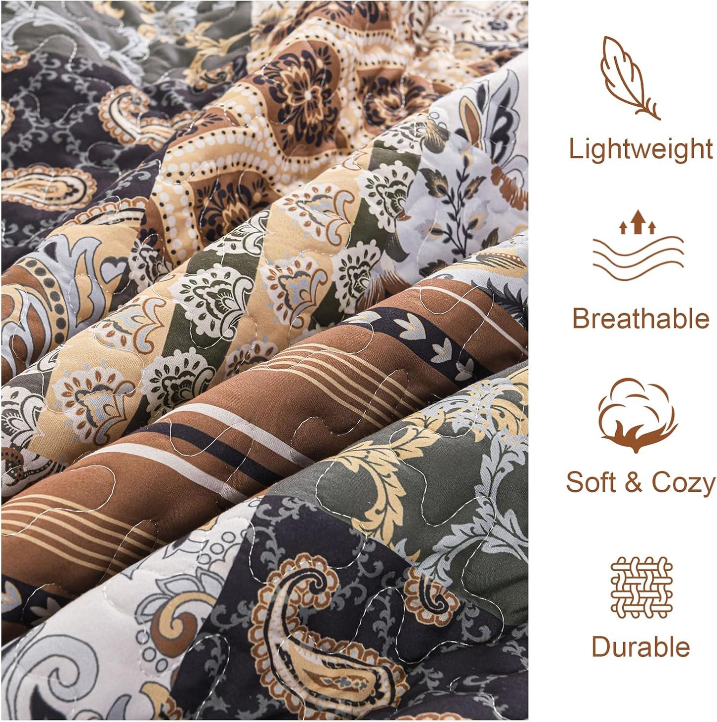 WONGS BEDDING Boho Quilt Set Queen Size, Dark Brown Plaid Patchwork Bedspread Bedding Set Soft Microfiber Quilt for Queen Bed Reversible 3 Pieces Coverlet Set for All Season (96"x90")