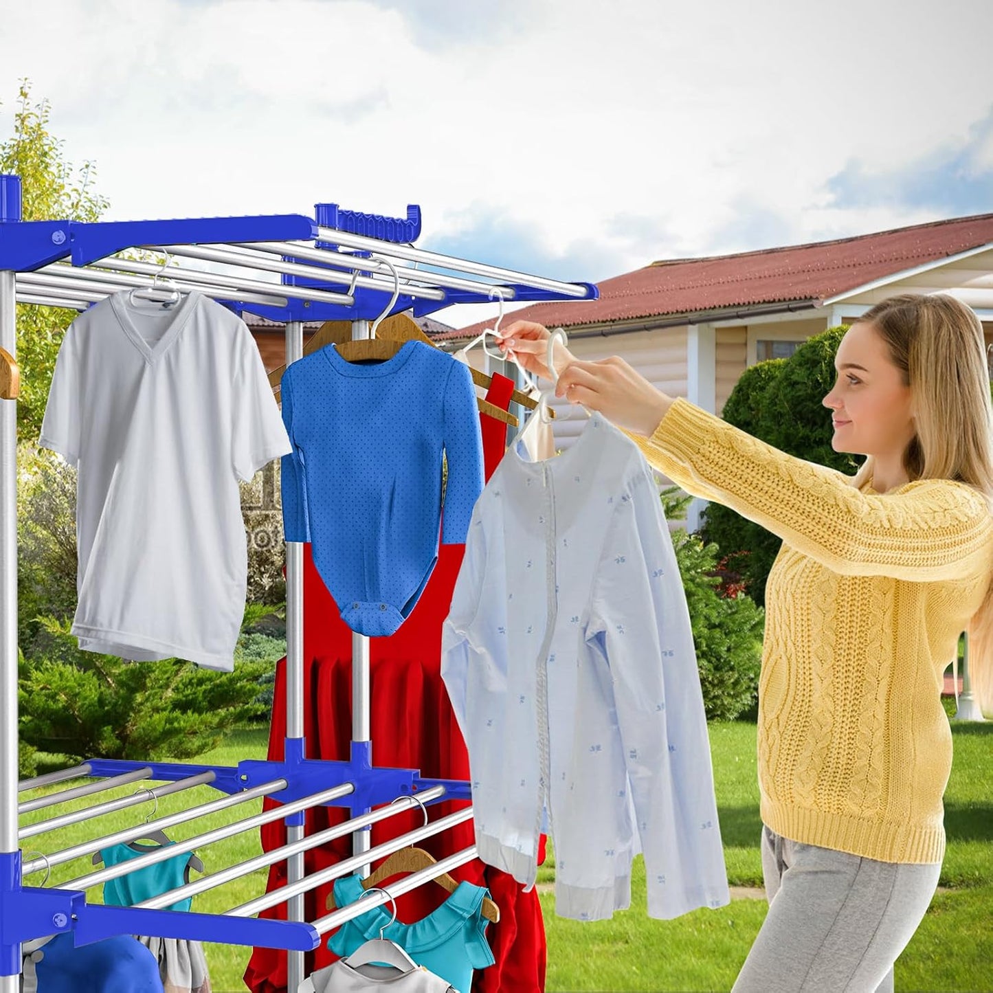 Bigzzia Clothes Drying Rack, 67.7 Inch Laundry Drying Rack with Foldable Base, 4 Tier Stainless Steel Drying Rack Clothing, Movable Laundry Rack for Indoor Outdoor-Blue
