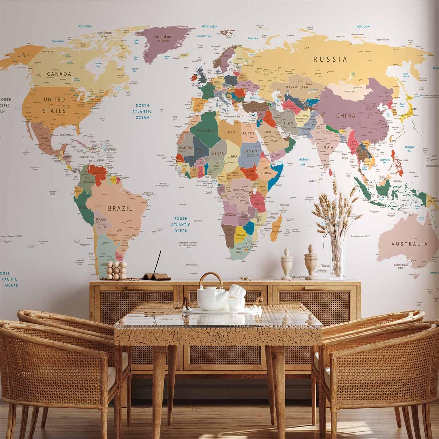 artgeist Premium Wall Mural World Map 157x110 in - XXL Non-Woven Wallpaper Fleece Wall Decor Photo Print Picture Image Design Home Map of The World k-B-0001-a-b