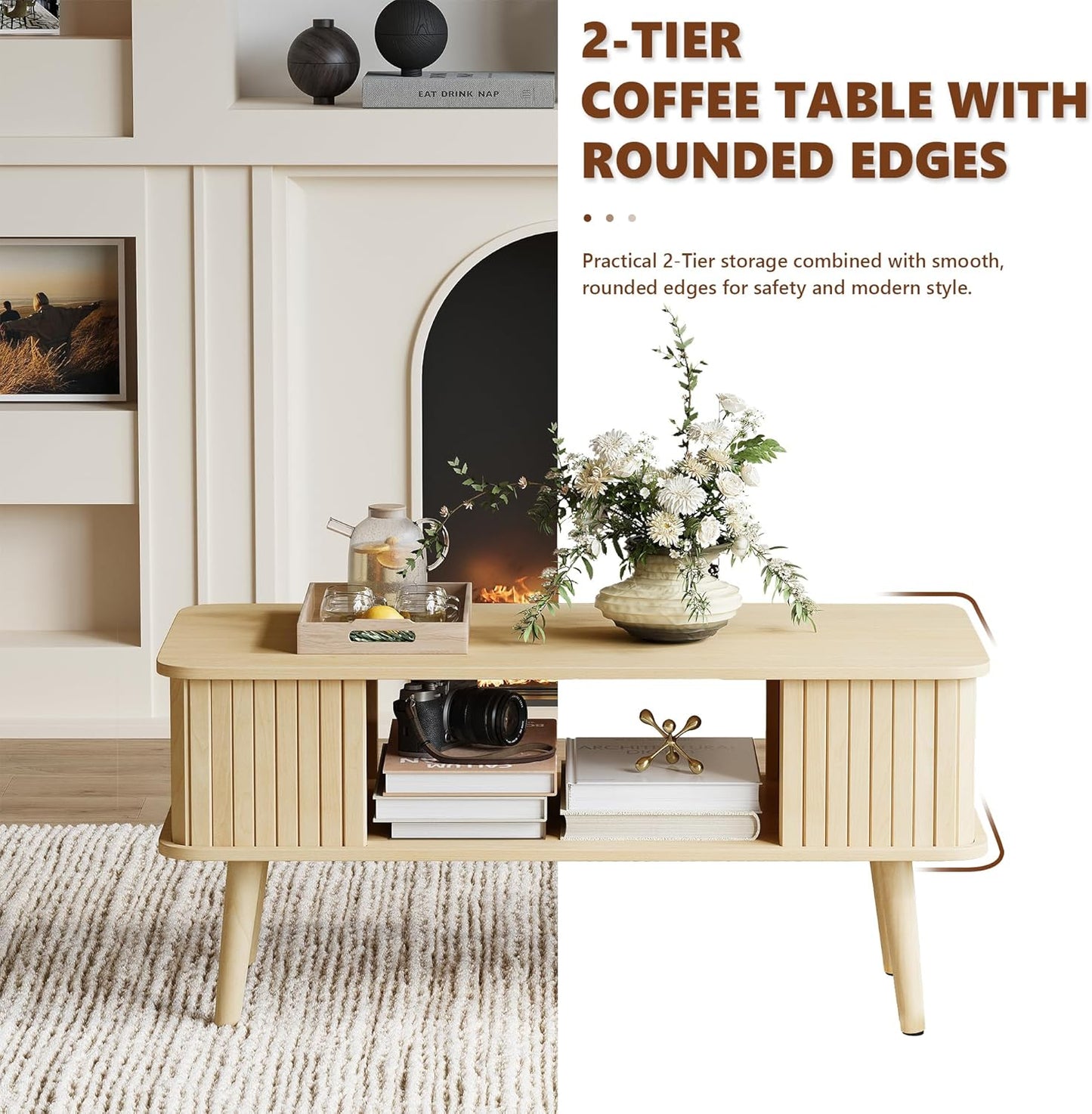 LAZZO Coffee Table with Storage Center Table for Living Room Rectangle Coffee Table with Rounded Edges,Easy Assembly, Natural Wood