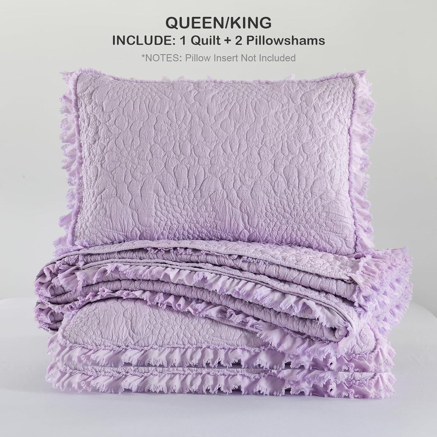 HORIMOTE HOME Lavender Ruffled Quilt King Size, Stone-Washed Microfiber Lightweight Crinkled Farmhouse Rustic Shabby Chic Bedding Set, 3 Pieces Reversible Bedspread with Pillow Shams for All Season
