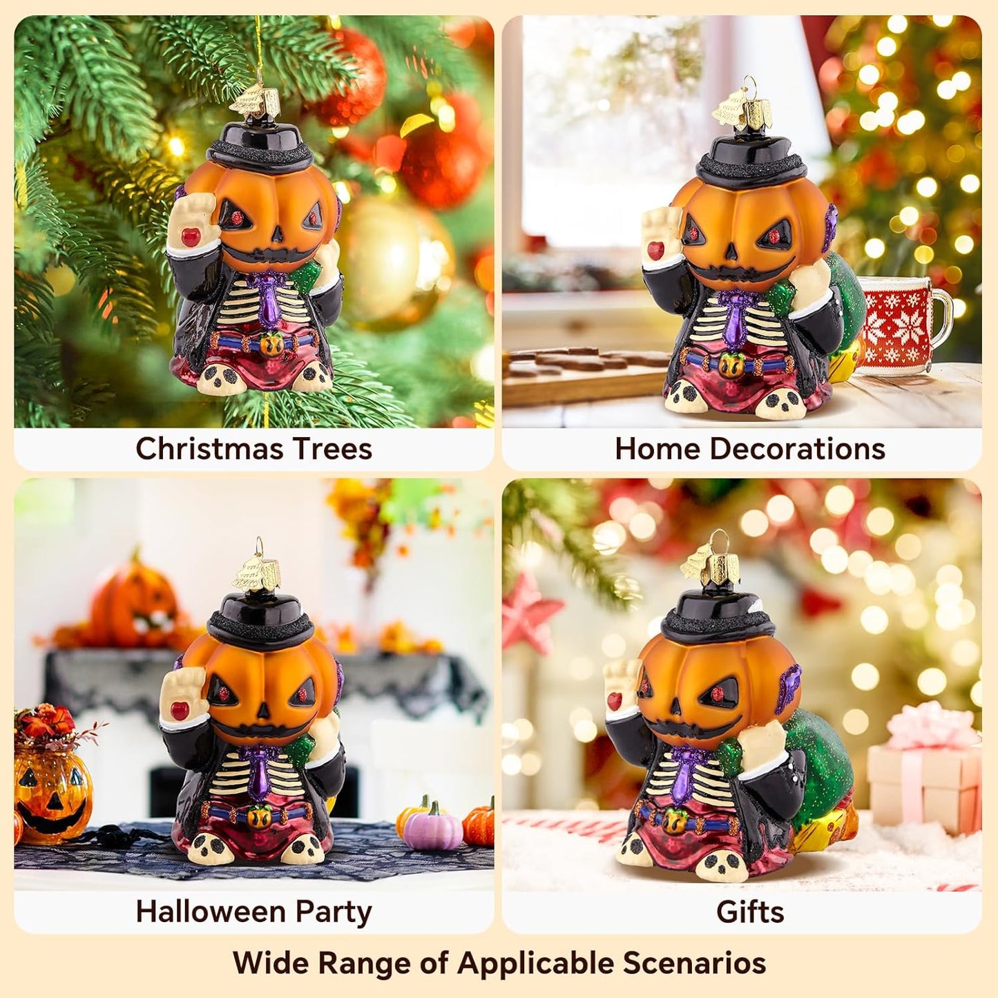 Pumpkin Christmas Tree Ornaments,Hand-Blown Glass Ornaments,Jack-O'-Lanterns Collection Figurine Hanging Ornaments,Christmas Decorations for Halloween Party Holiday Home Gifts