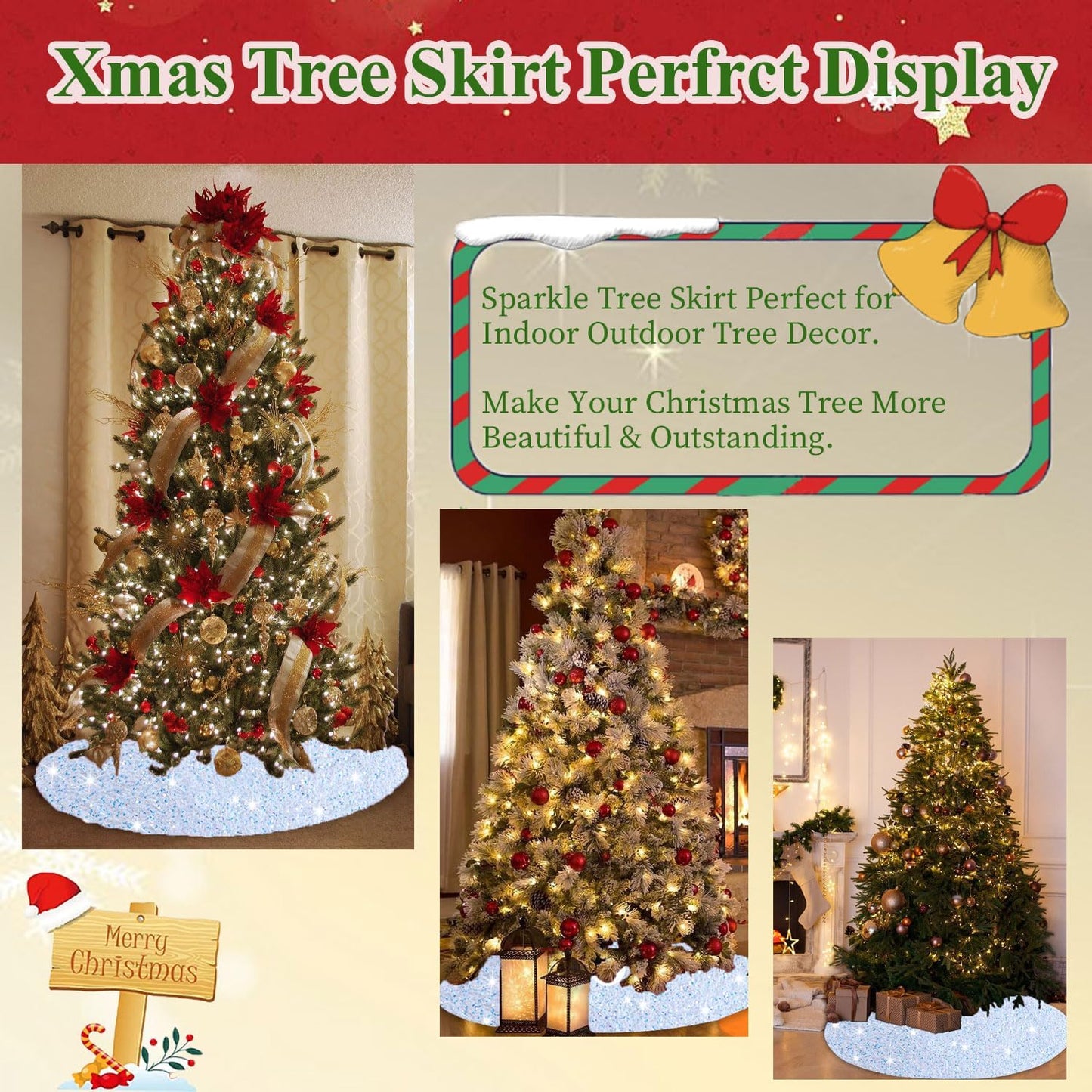 MODFUNS Iridescent White Christmas Tree Skirt Mini 21 Inch Sequins Tree Skirt Sparkle Velvet Xmas Tree Mat Glitter Tree Skirts for Artificial Trees Mermaid Tree Collar Skirt for Christmas Party