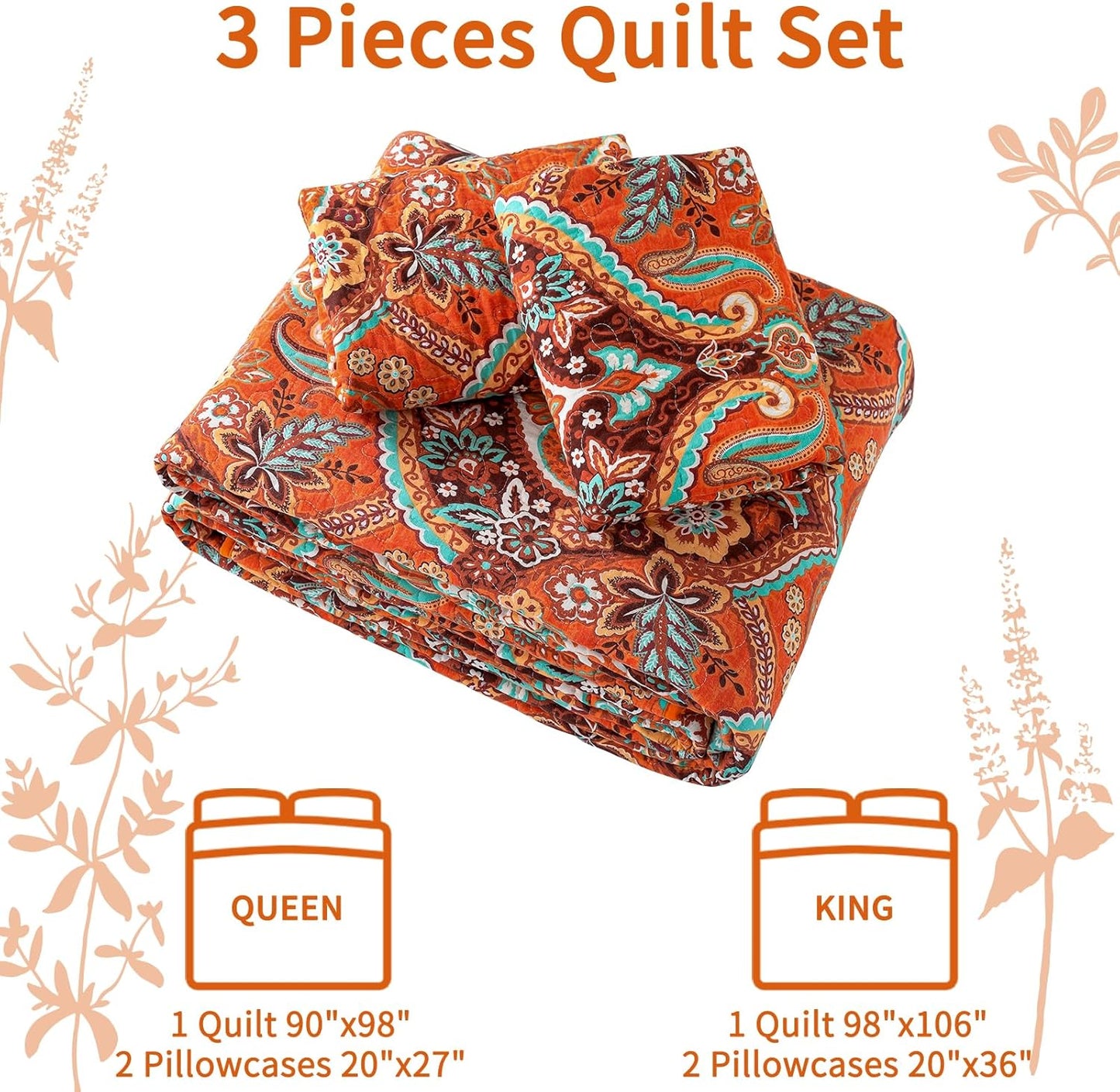 VAPUTAR Quilt California King Size Bedding Set - Cotton California King Quilt (108 * 118 Inch) - Boho Lightweight Reversible Oversized Bedspread for Farmhouse Bedroom (Orange), 3 Pieces
